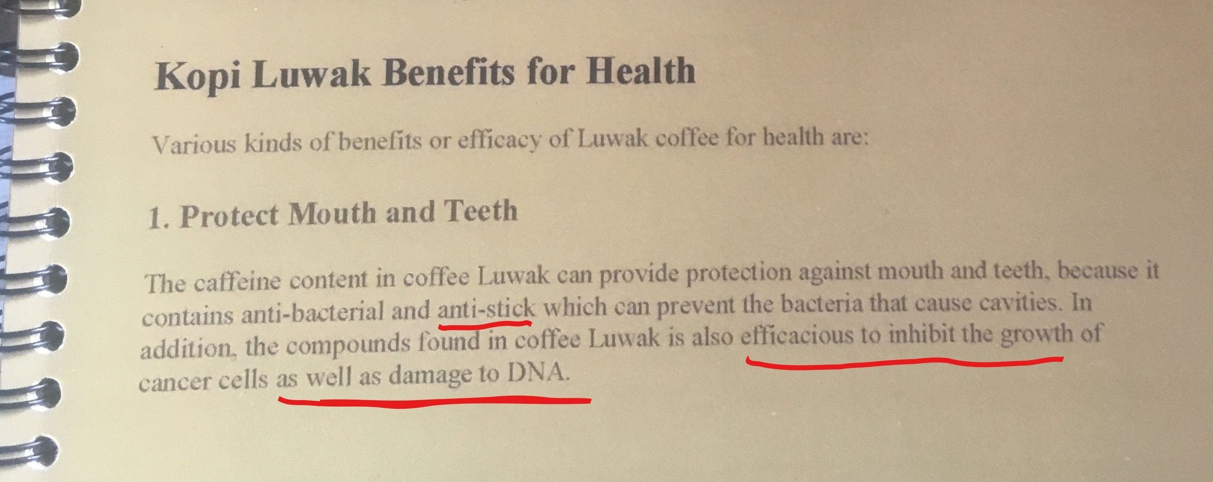 The benefits of drinking coffee that was eaten and pooped out of a Lewak! Nothing like some good "anti-stick". Also, "damage to DNA"? I thought this was benefits for health... Bali, Indonesia.