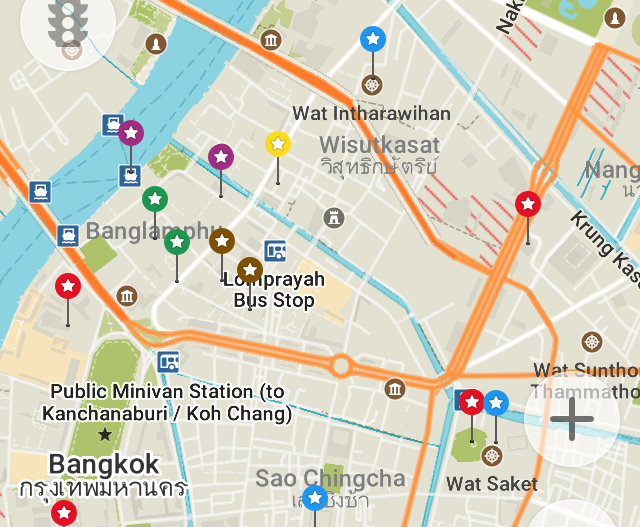 Here are my saved locations in a part of Bangkok.