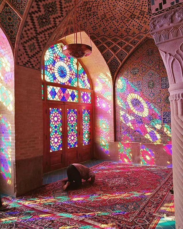 The Nasir ol-Mulk Mosque also known as the Pink Mosque, is a traditional mosque in #Shiraz, #Iran.

The mosque includes extensive colored glass in its facade, and displays other traditional elements such as the Panj Kāse (&quot;five concaved&quot;) d