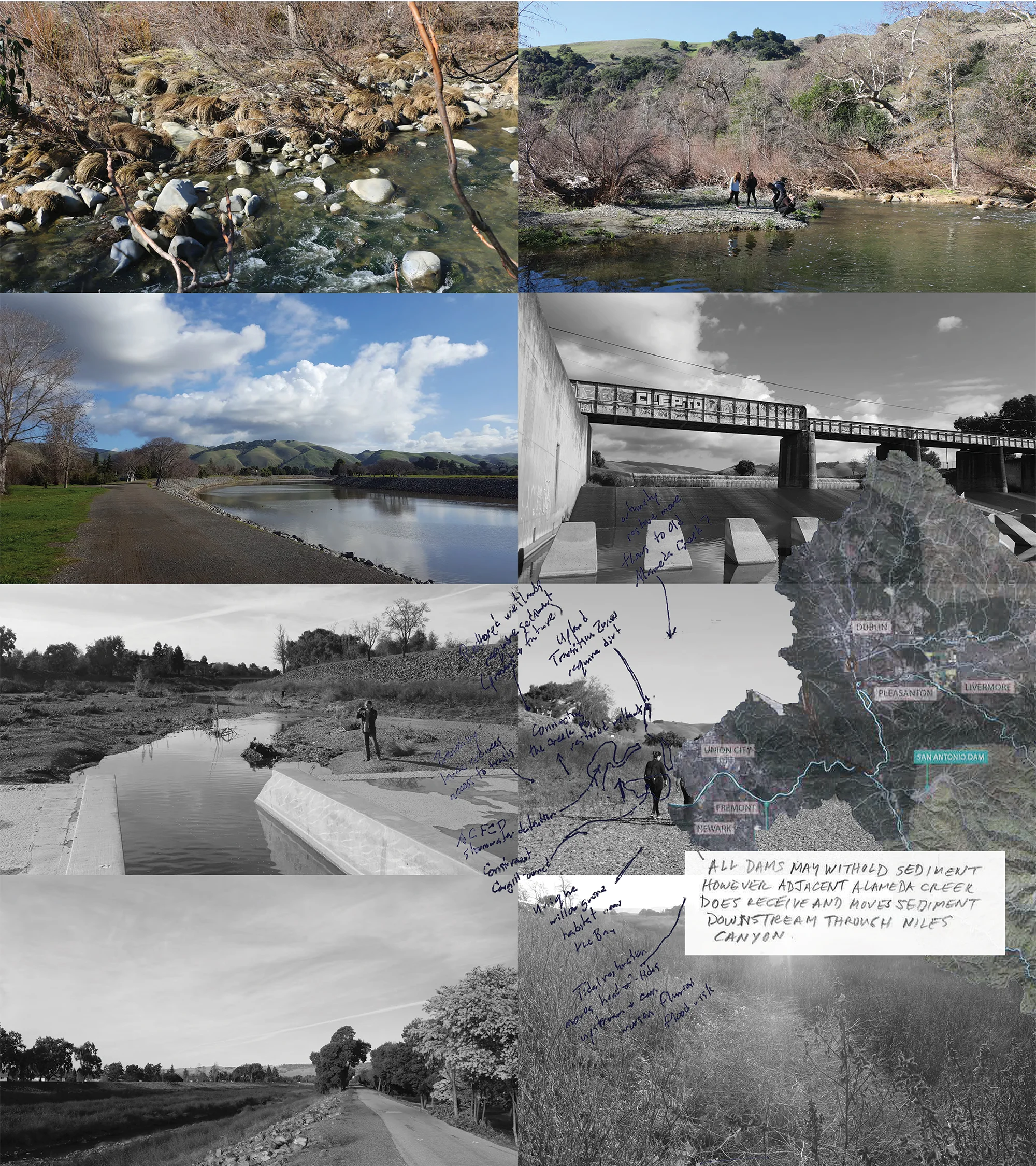 Photos from along the length of the flood control channel highlight the diverse character of the channel as it works through braided meanders near Niles Canyon (top left) to the channelized flood control channel that flows into the Bay near Eden Landing (bottom right). Conversations and mapping with local agencies helped us to gain an understanding of the systems that define the sediment-shed.