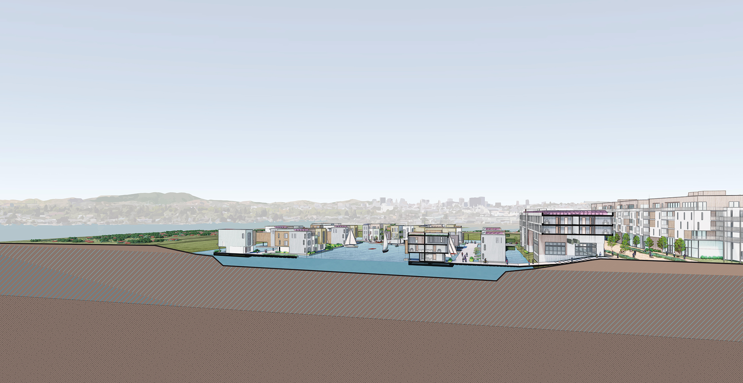 To build a Tidal City, we would excavate a lagoon in an area that's usually dry today but faces future flooding from a combination of rising groundwater, rising bay water, and rain events. Water levels in the lagoons would be controlled with tide gates at the edge of tidal creeks. Using prefabricated units on shared decking supported by pontoons, housing densities could be as high as 50-100 units per acre.