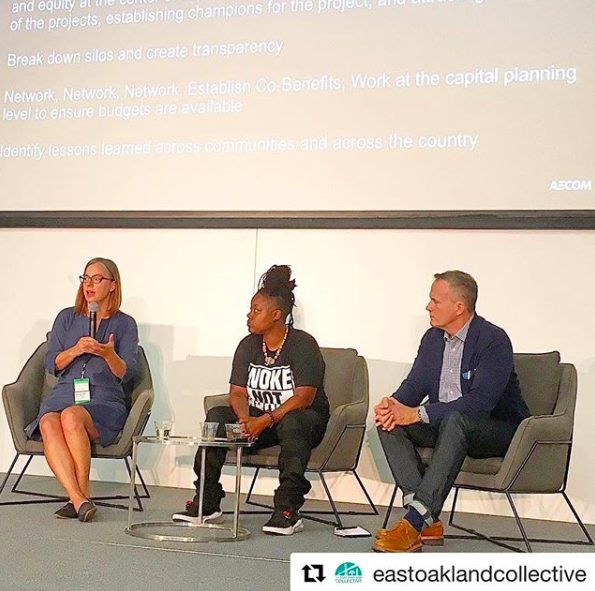 From L to R: Amanda Brown-Stevens, Resilient by Design; Keta Price, East Bay Oakland Collective; and Stephen Engblom, AECOM speaking on a session about how community-driven planning processes create resilience.