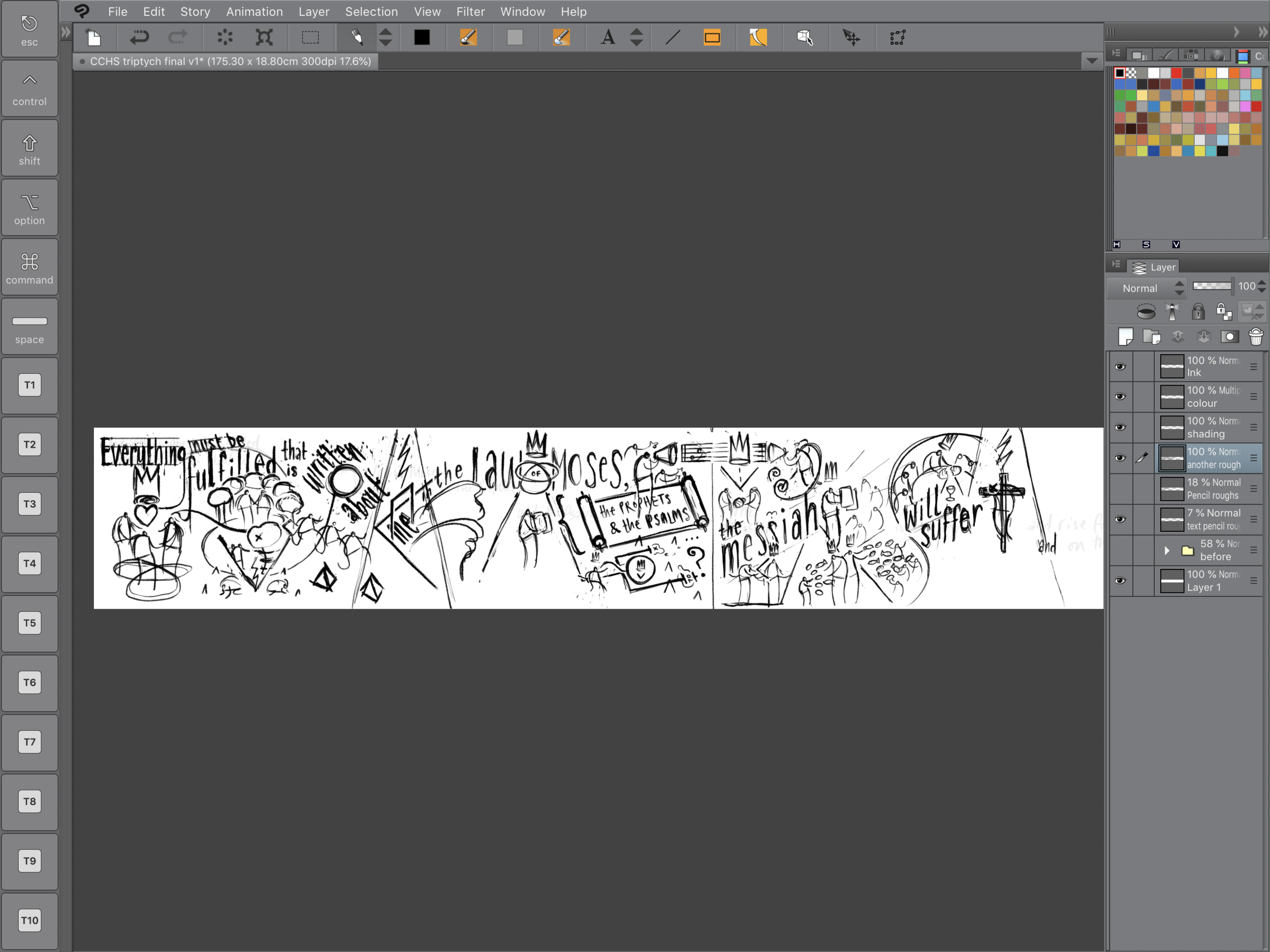 Clip Studio Paint is the best drafting software I have ever used. As you can see here I have it set up in a particular way to suit my own approach. 