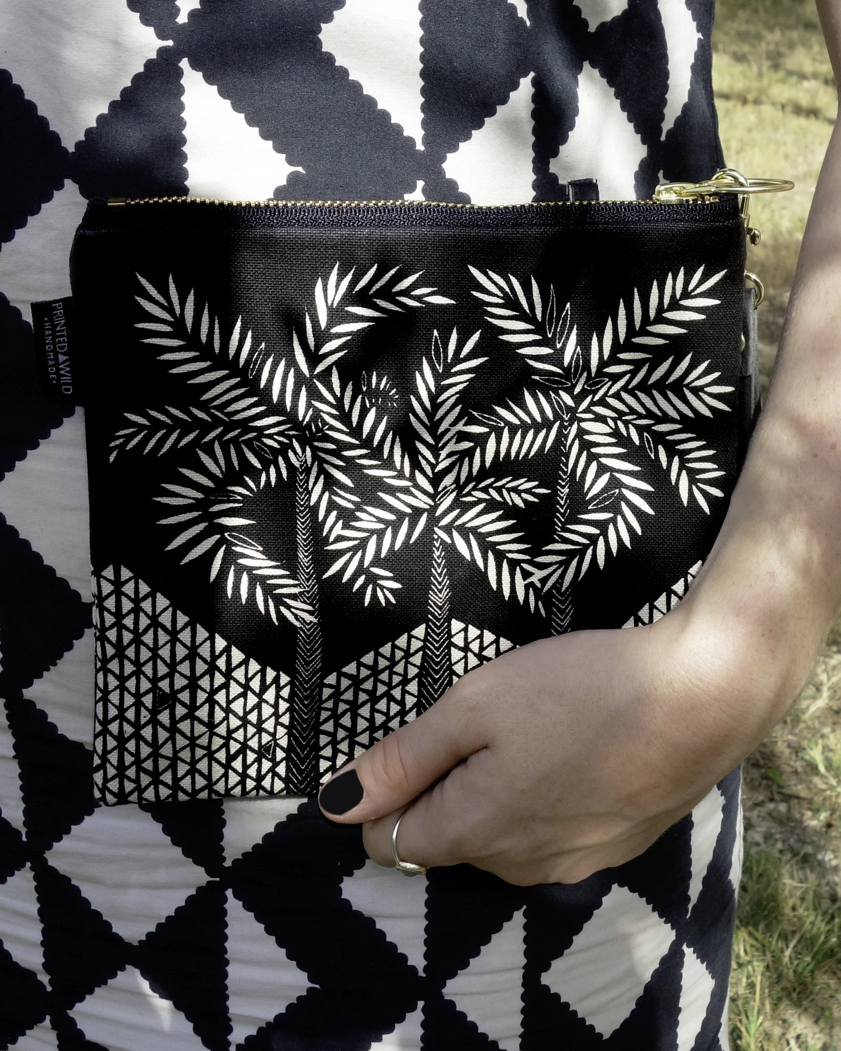 Printed Wild Square Clutch with black and white screen-printed plant pattern handmade in Washington, D.C with certified organic material