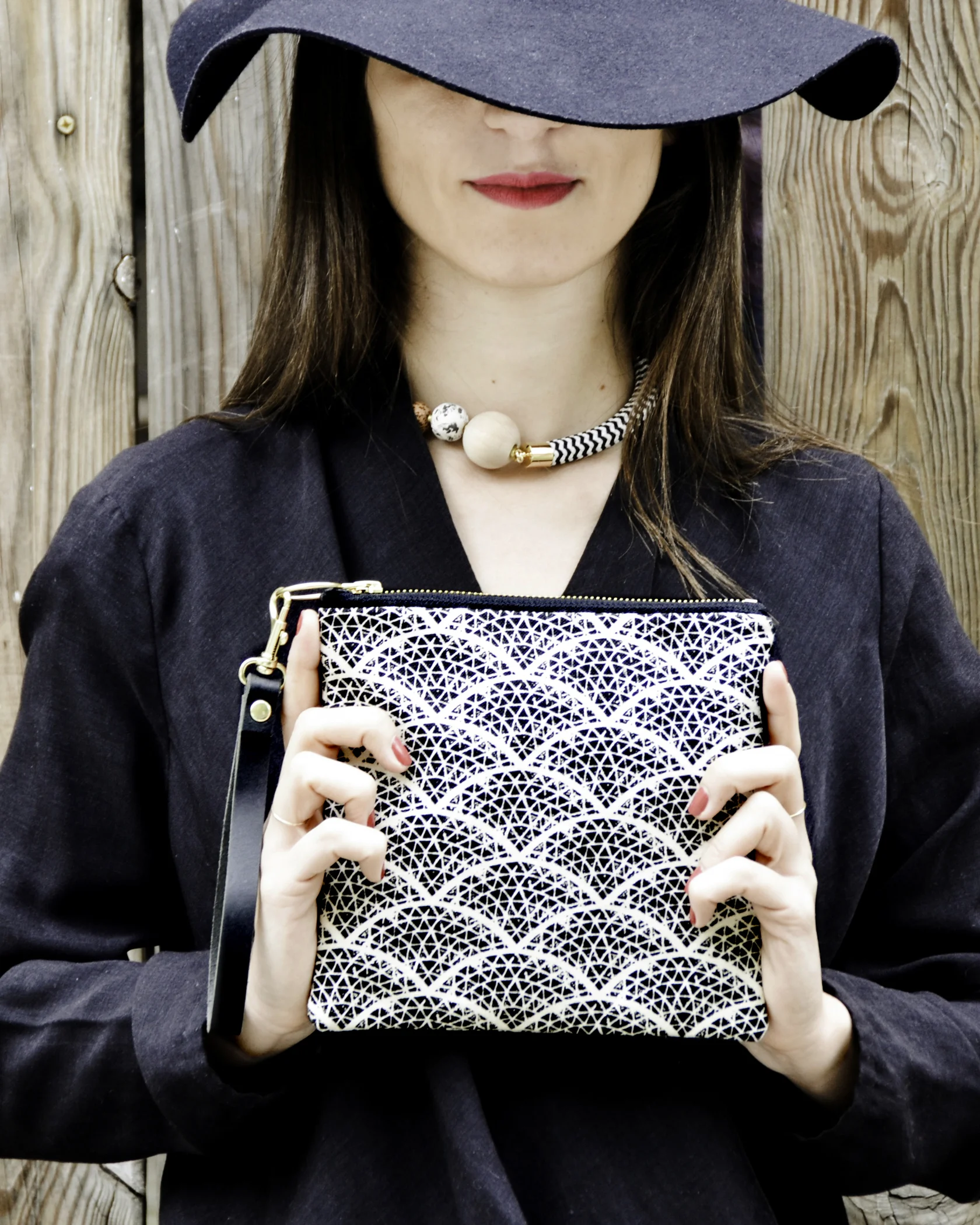Printed Wild Square Clutch with black and white screen-printed plant pattern handmade in Washington, D.C with certified organic material