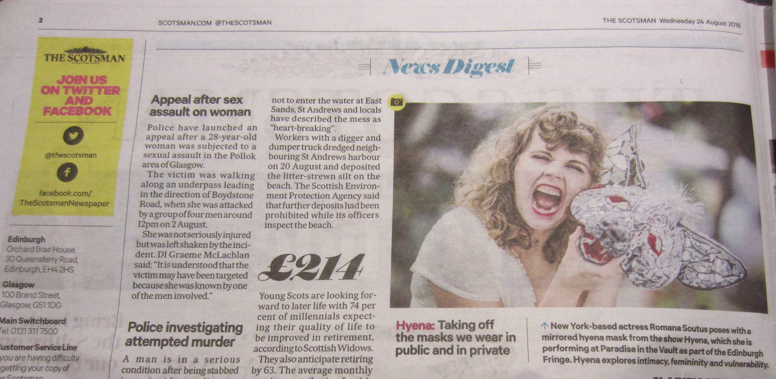 HYENA was featured in The Scotsman on pg. 2 in print on 8.24.16. Photo by: Chris Watt