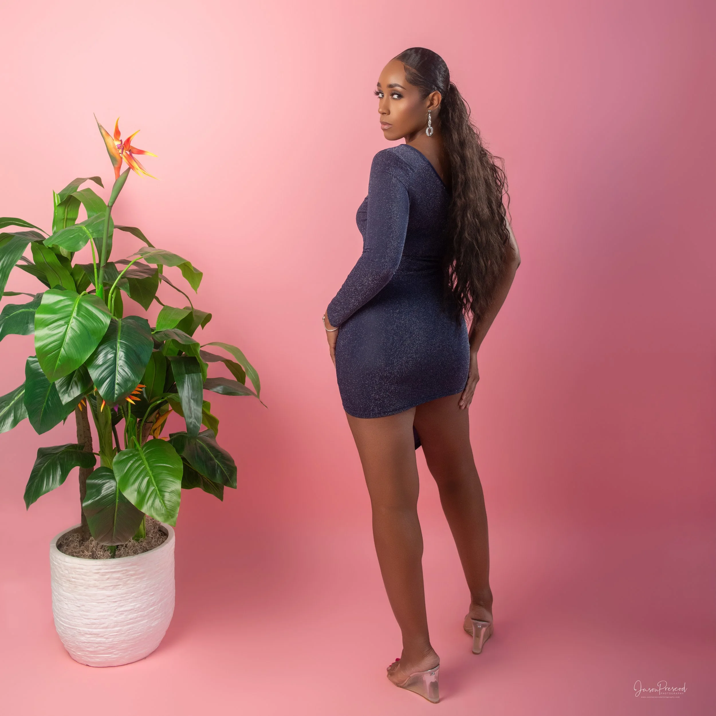 A woman with long curly hair and dark skin dressed in a shiny, dark purple dress and clear high-heeled shoes standing next to a large potted plant with green leaves and a pink and orange flower against a pink background.