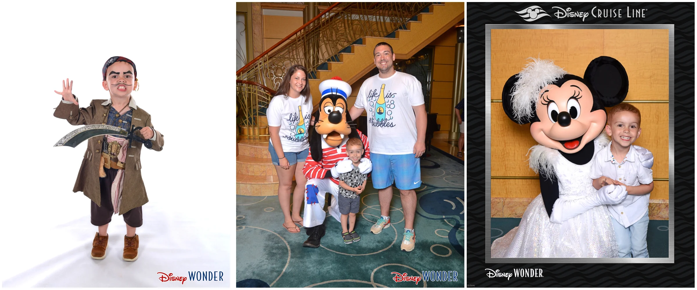 Left: Sporting his Captain Jack Sparrow makeover at the Bibbidi Bobbidi Boutique with his fiercest pirate look; Center: Posing with Goofy (fave of the trip), wearing matching Lost Bros t-shirts; Right: Cheesin’ with fancy Minnie on semi-formal night.