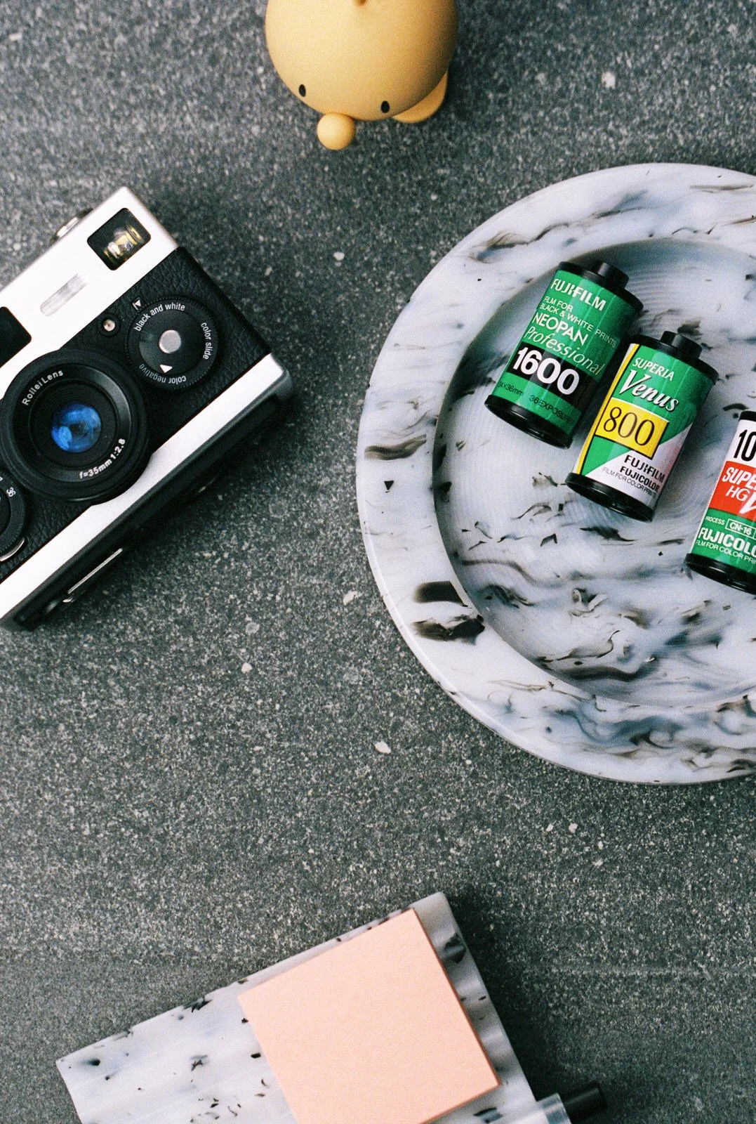 Recycled Kodak and Ilford film jewellery tray with camera and film rolls