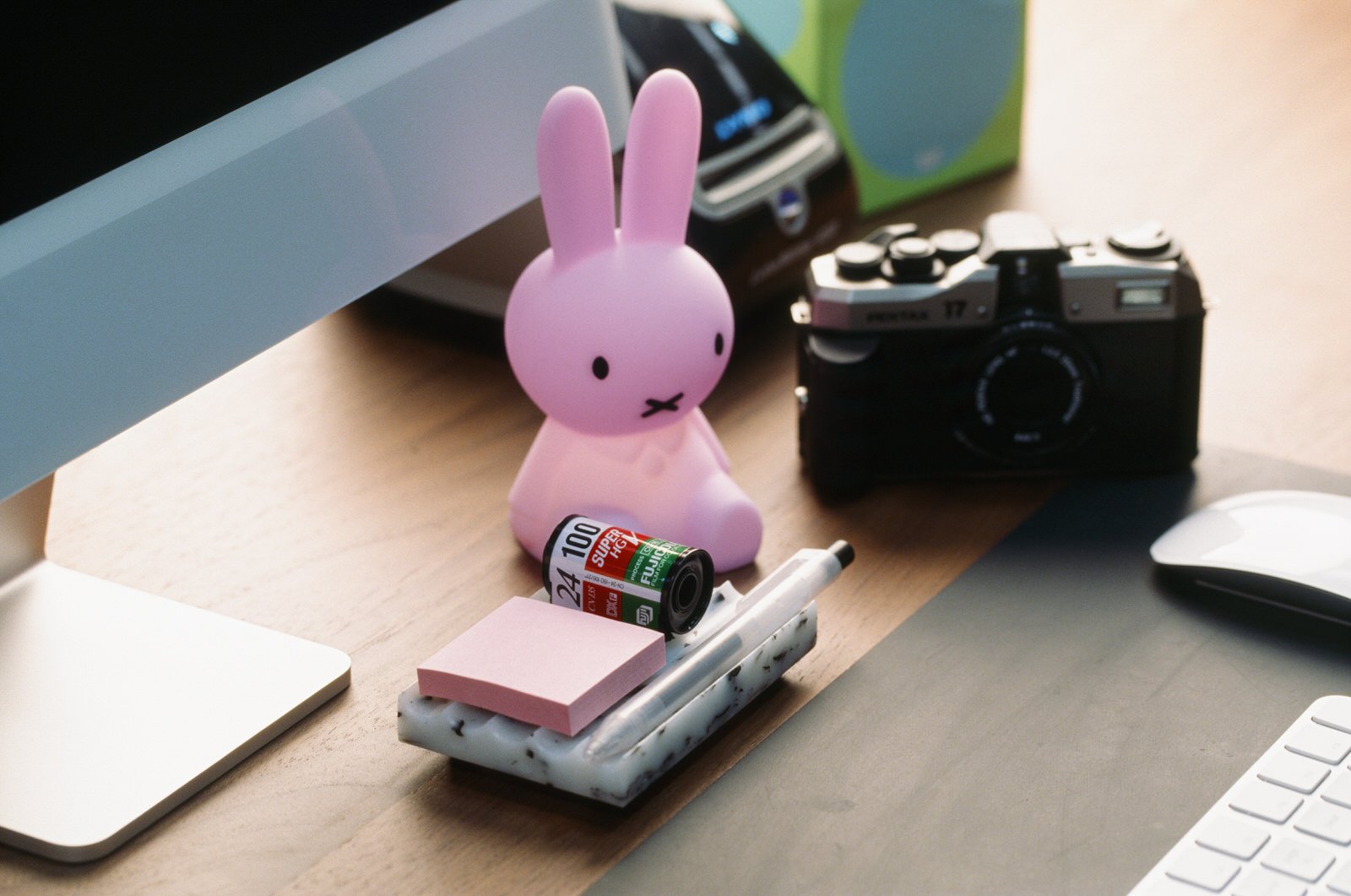 No.22 recycled film desk tray with stationery, Kodak film and camera