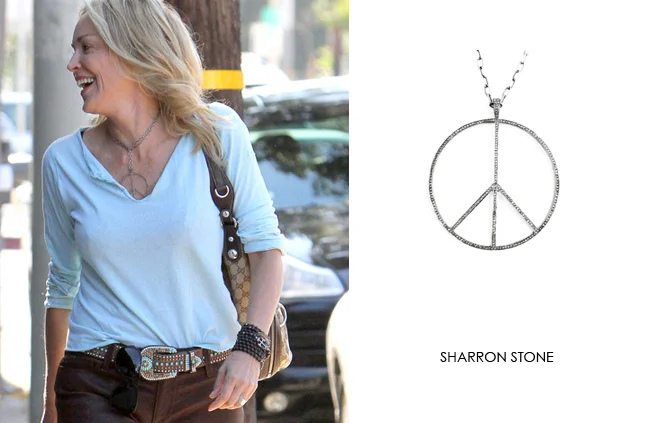 Sharon Stone wearing Renee Sheppard Pavé Diamond Peace pendant