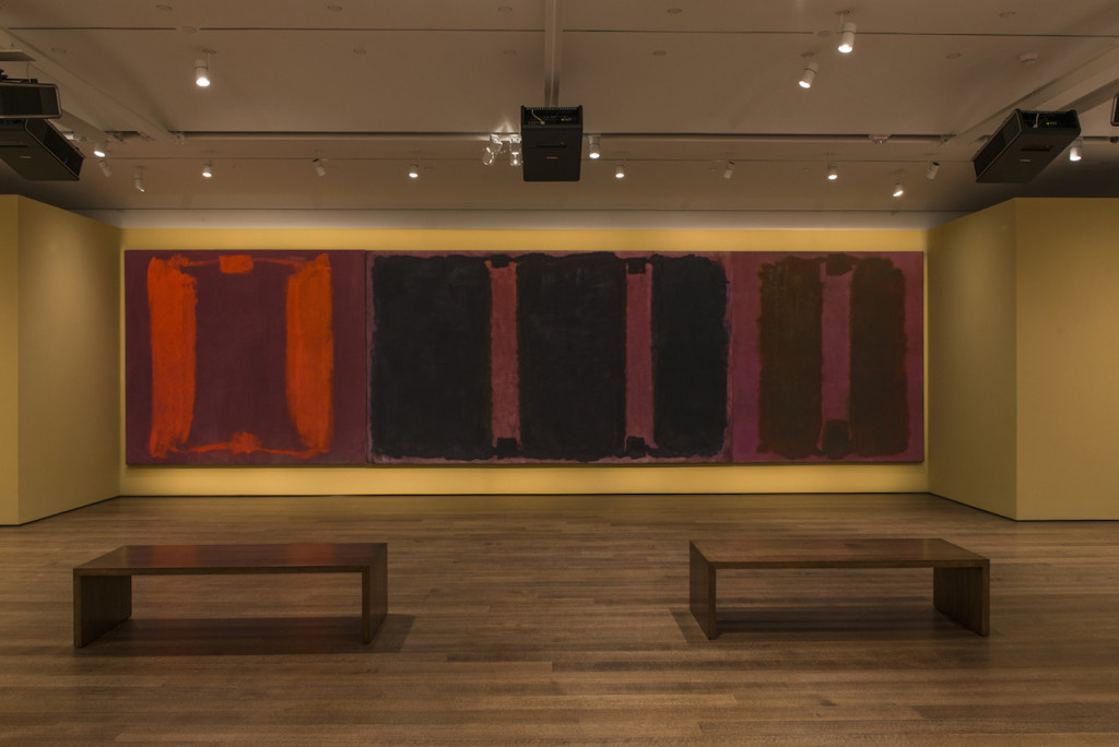 Mark Rothko’s Panel One , Panel Two , and Panel Three (Harvard Mural Triptych) , with restored colors using light from digital projectors. © 2014 Kate Rothko Prizel and Christopher Rothko/Artists Rights Society (ARS), New York. Photo: Peter Vanderwarker, © President and Fellows of Harvard College.