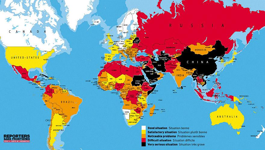 From 2012, this map outlines the relative freedoms of press per country of the world.( via )