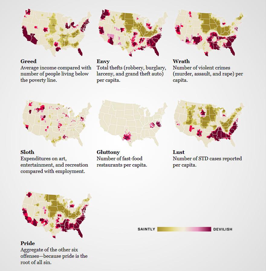 While I don’t wholly agree with the criteria used to compose each sin-map, it was interesting to see the distribution of average income compared to the poverty line, total theft, number of violent crimes, entertainment expenditures, fast-food restaurants, number of STD cases, and an aggregate of the lot in a plain and clear representation. It would seem that Iowa is the most “saintly” by these standards. ( via )