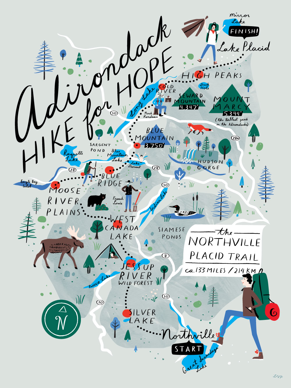 For your donation of $125 we will send you this beautiful poster exclusively designed for ADK Hike for Hope © by Brooklyn-based artist Libby VanderPloeg. The poster measures 16 x 20 inches and is ink jet printed on matte paper .008 stock. More work by Libby HERE .