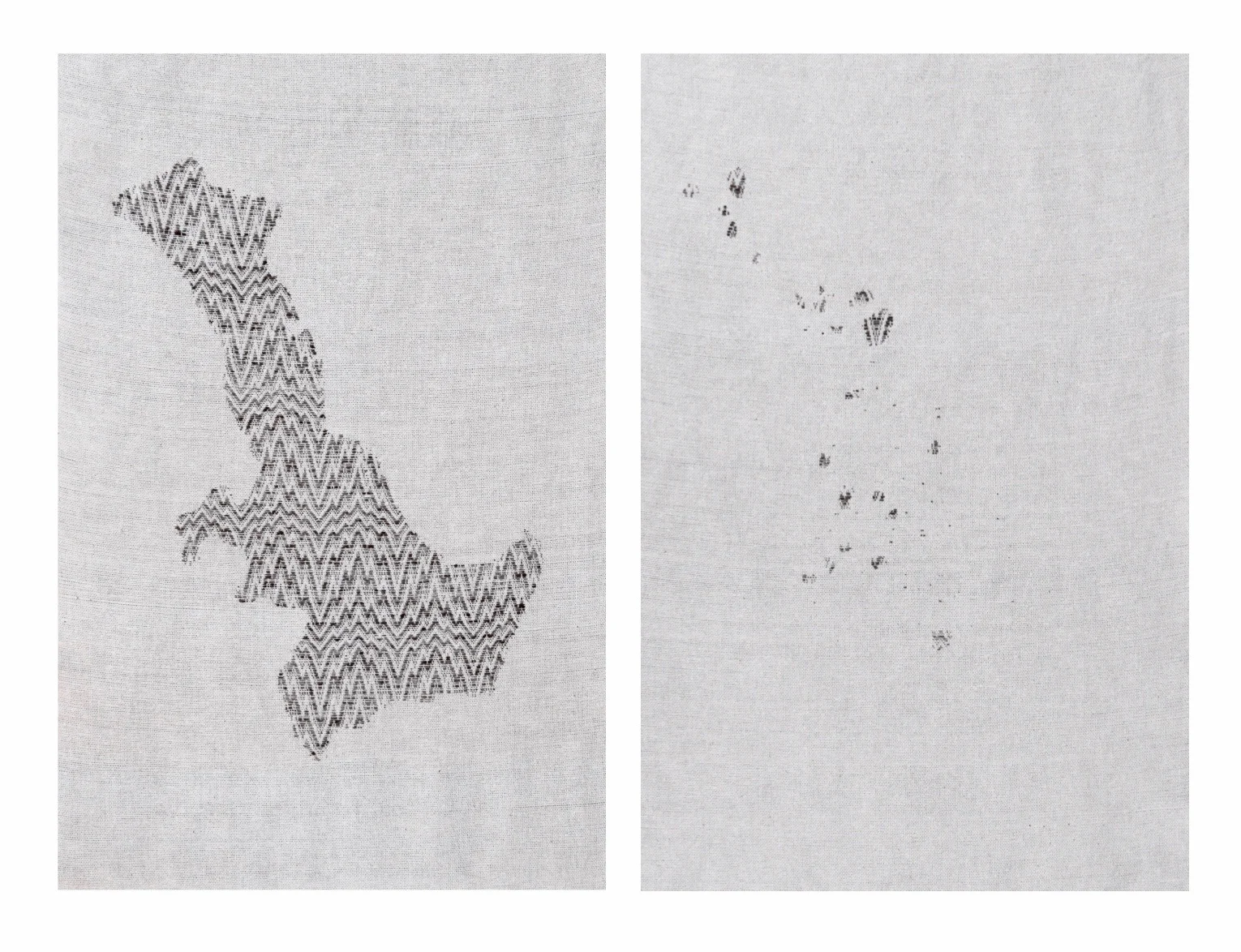 Original and Current North American Bison Range , Cottolin, silk, handspun bison yarn, 27” x 22” each panel, 2016 Each thread width equals approximately ten miles. Each inch equals 200 miles. Based on various sources including Wild mammals of North America : biology, management, and conservation by George A Feldhamer; Bruce Carlyle Thompson; Joseph A Chapman. Baltimore, MD Johns Hopkins University Press, 2003. Image courtesy of the artist