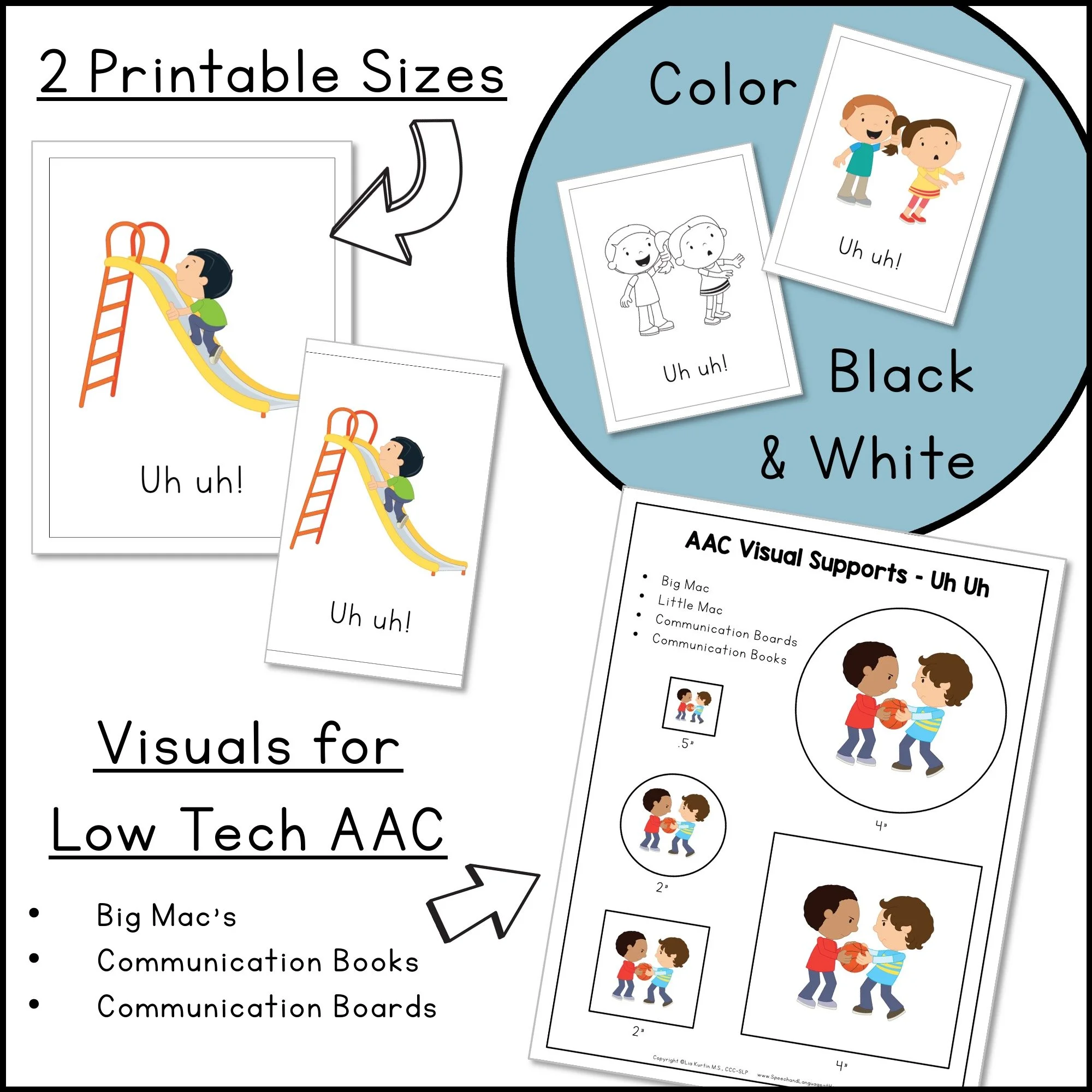 Comes in 2 printable sizes, color and black and white, and visuals for low tech AAC.
