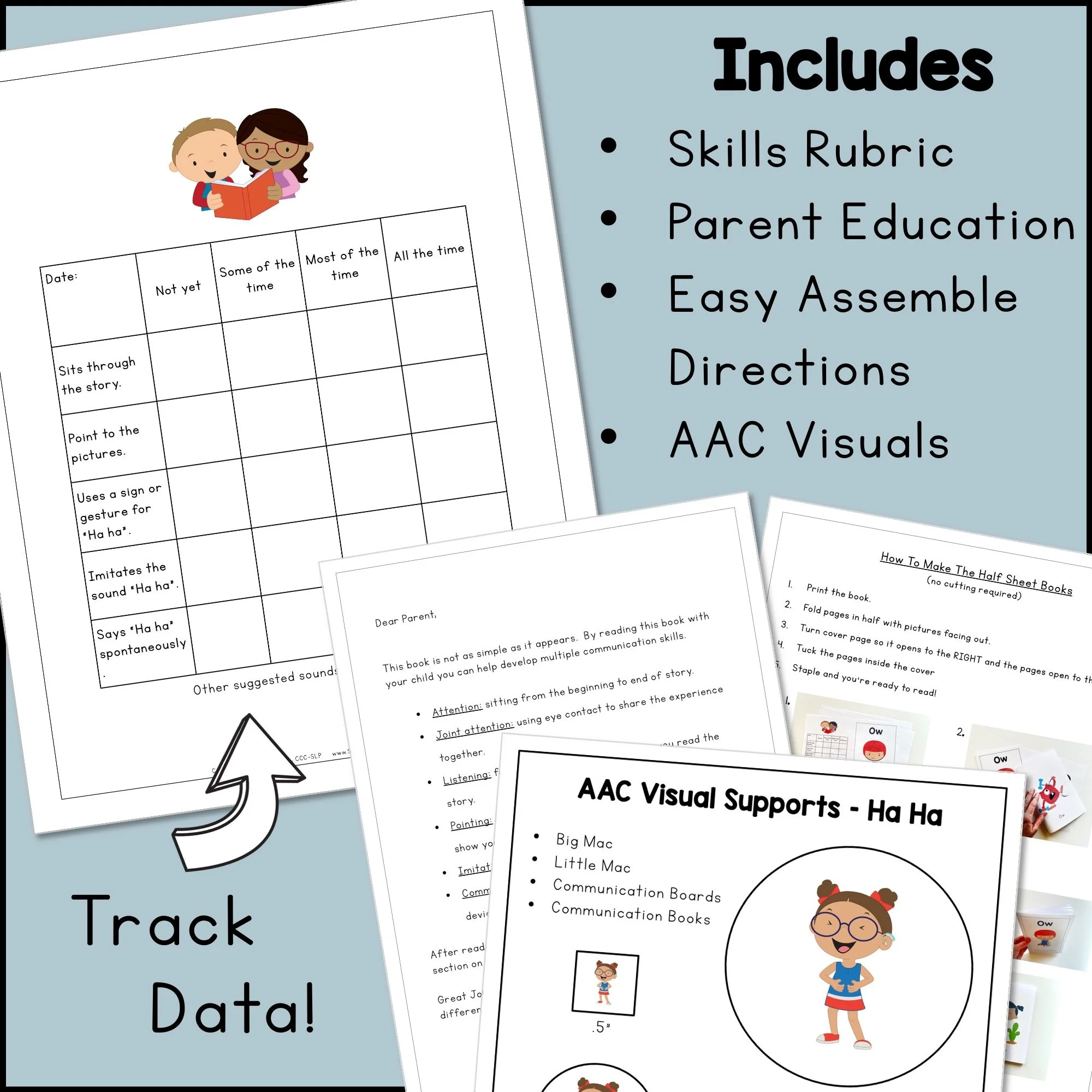 Exclamatory Word Book includes a skills rubric, parent education, easy assemble directions, and AAC visuals.