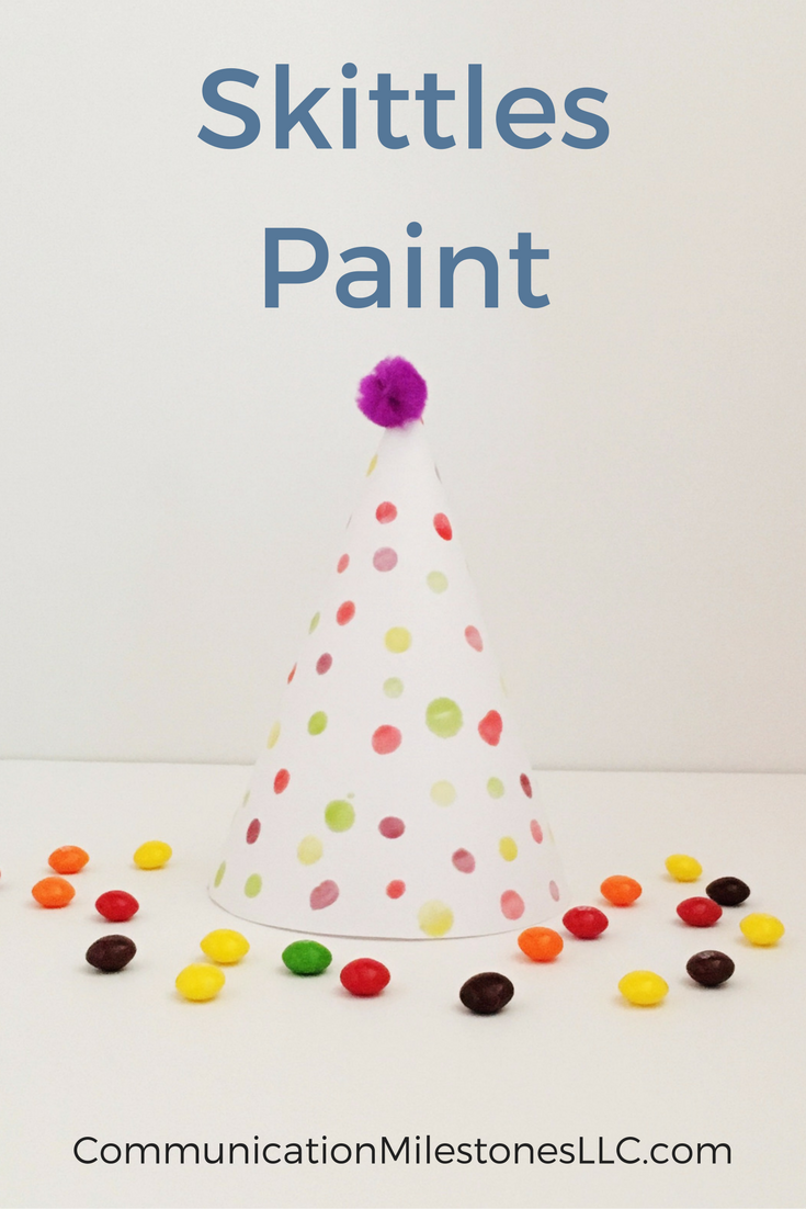 What to do with leftover candy? Make Skittles paint with your toddler. Simple activities you can do at home to improve language skills. See more at CommunicationMilestonesLLC.com