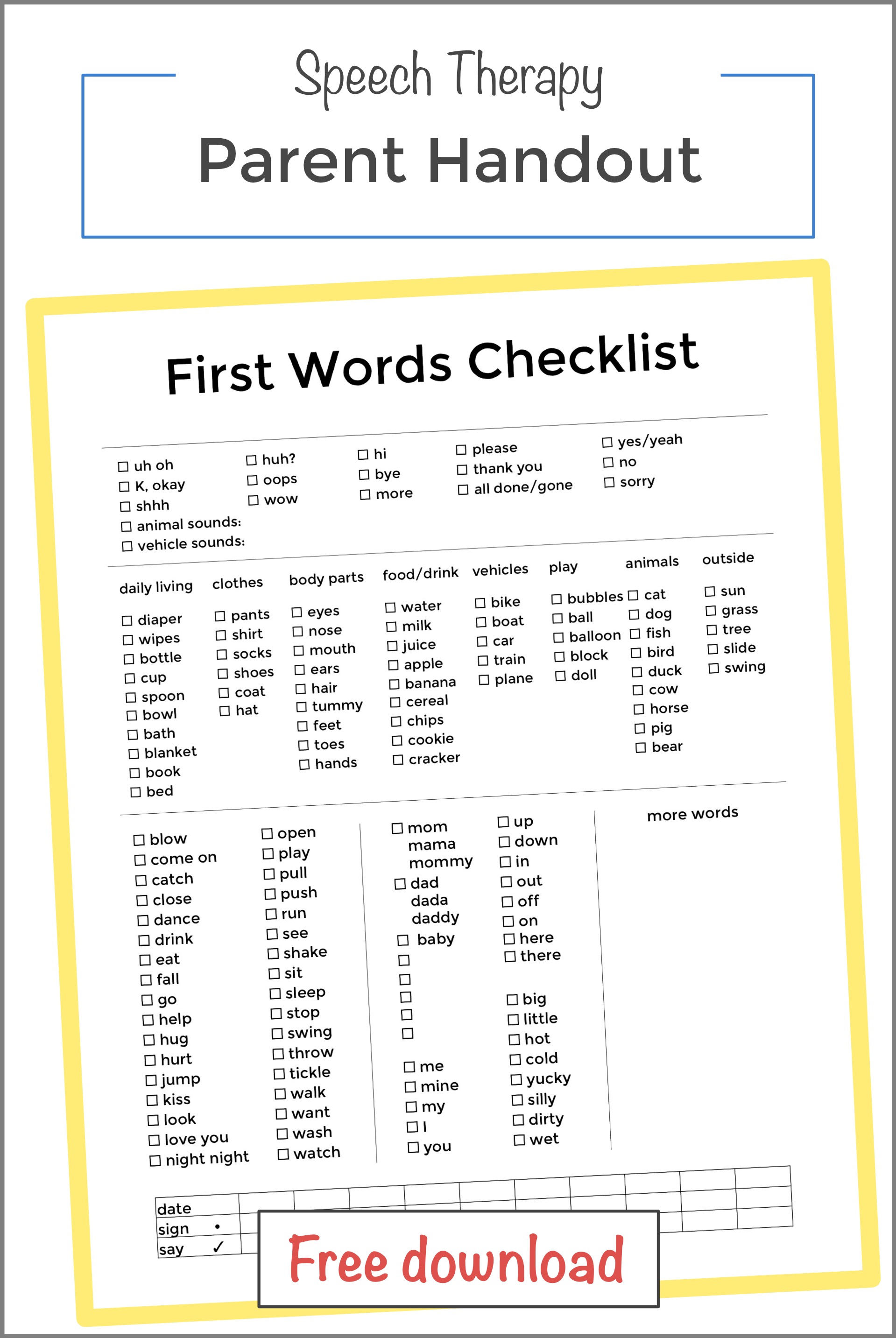 first words checklist Speech therapy at home providing early language