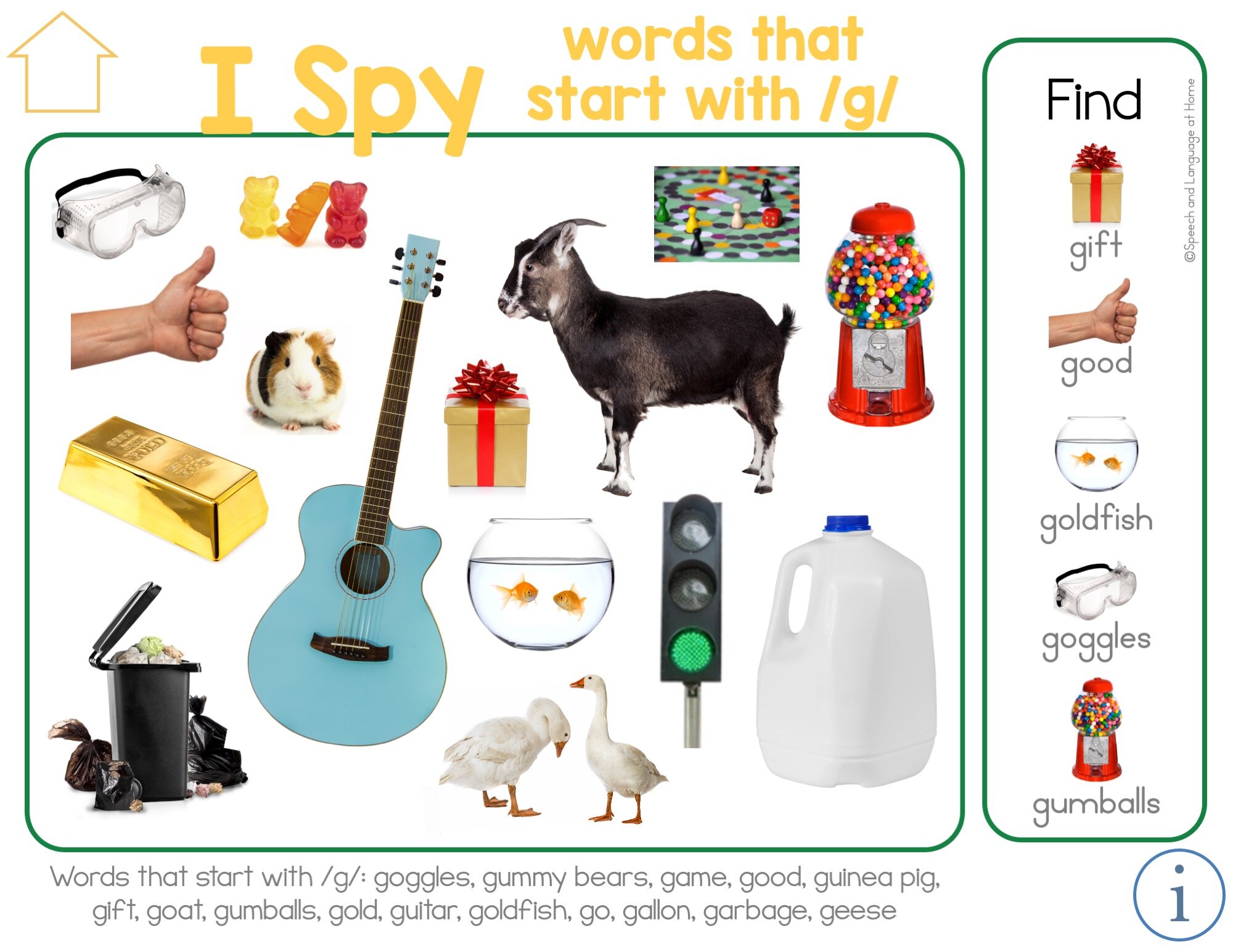 Speech Therapy Activity Idea for Toddlers I Spy Words that start with g