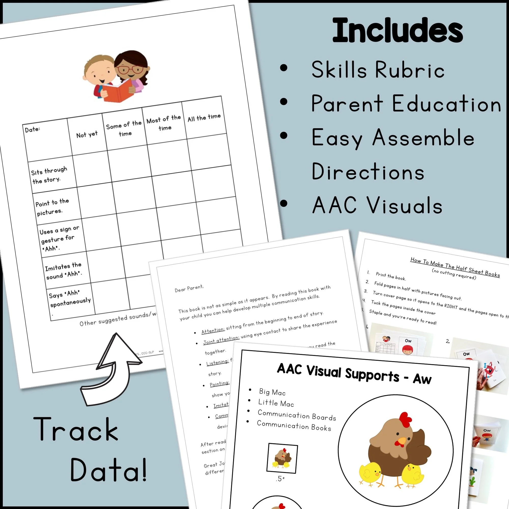 Exclamatory Word Book includes a skills rubric, parent education, easy assemble directions, and AAC visuals.