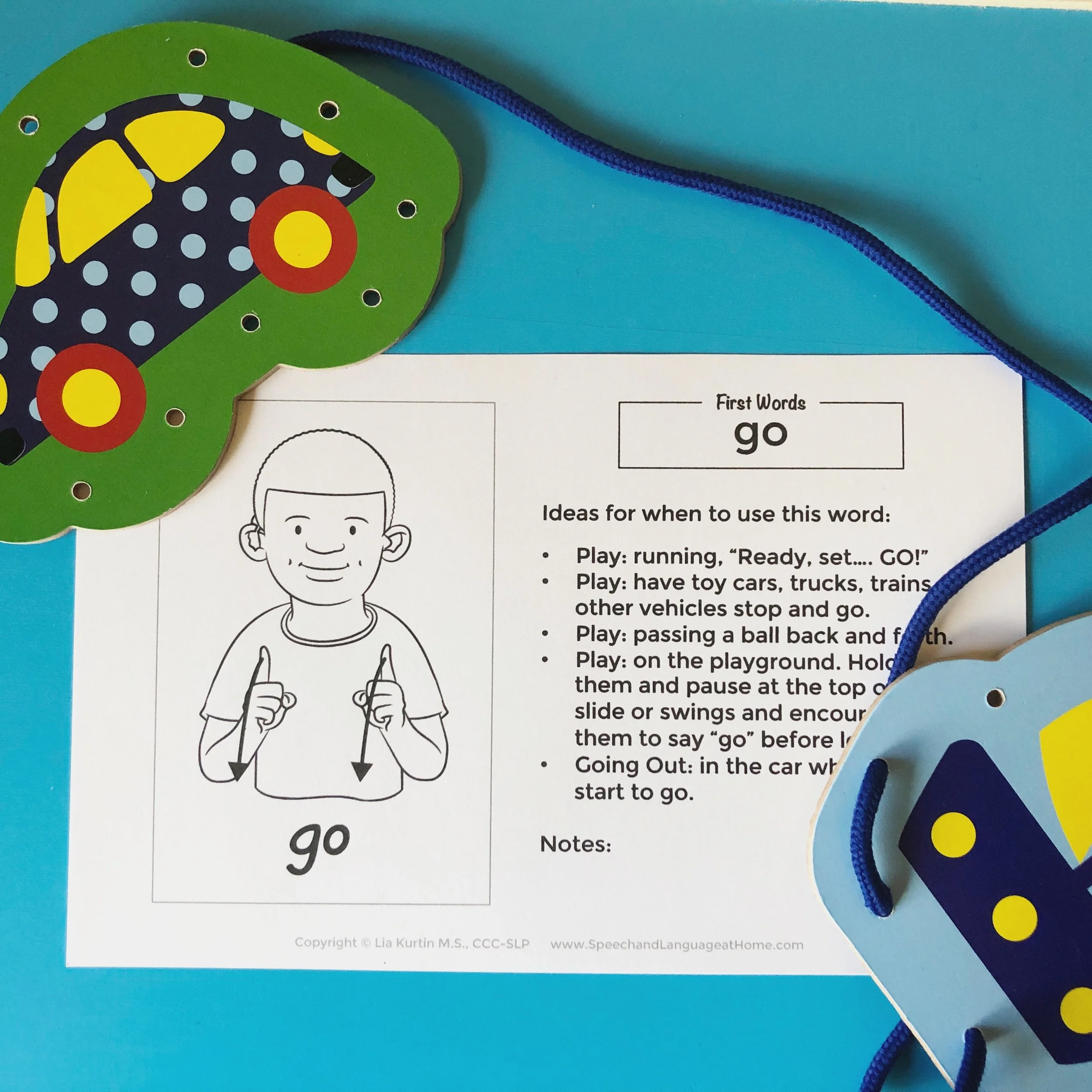 Image of the sign for go with examples on ways to practice the word for speech therapy.