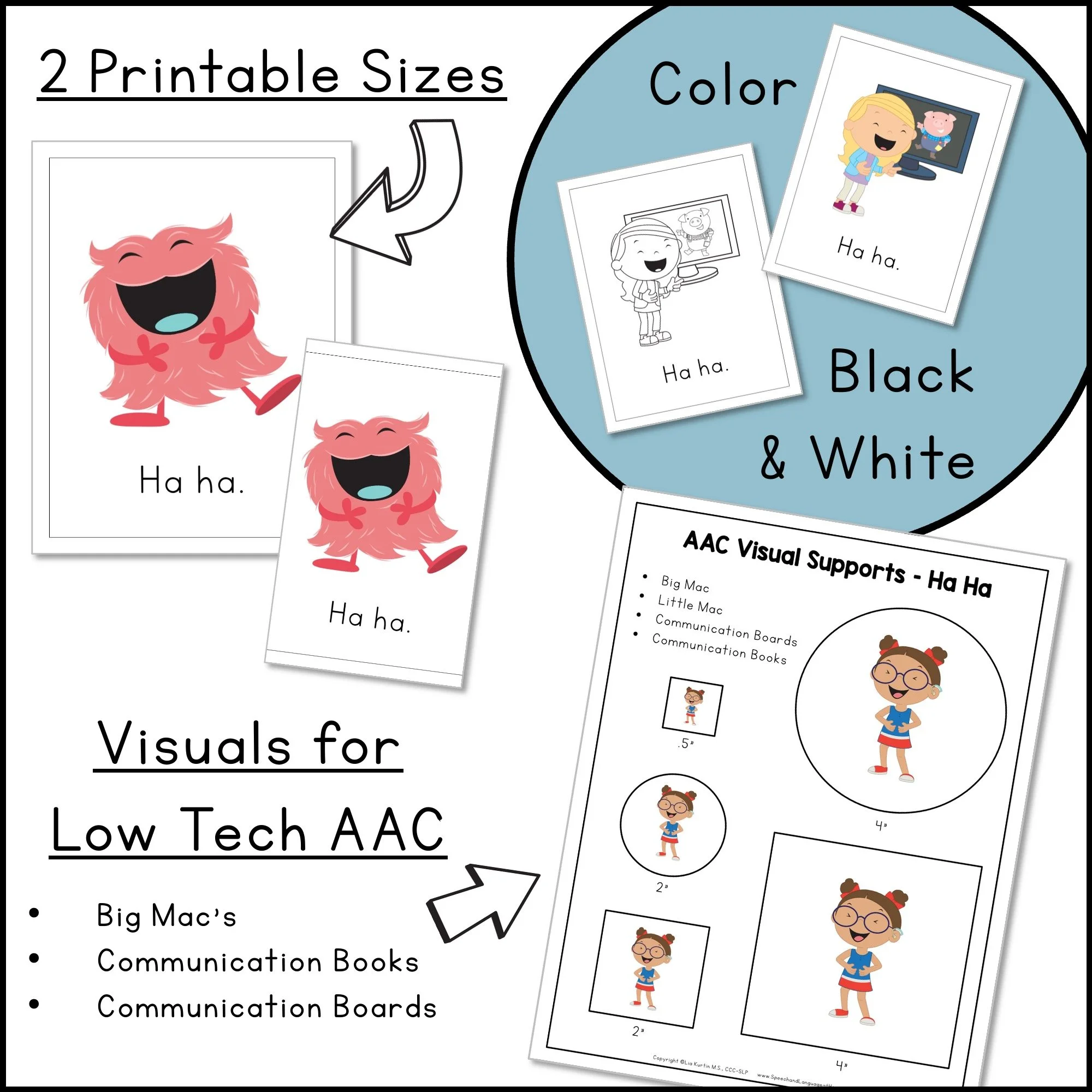 Comes in 2 printable sizes, color and black and white, and visuals for low tech AAC.