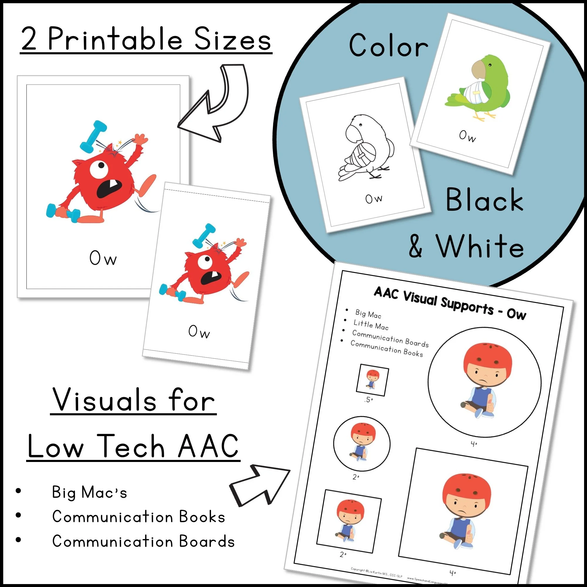 Comes in 2 printable sizes, color and black and white, and visuals for low tech AAC.