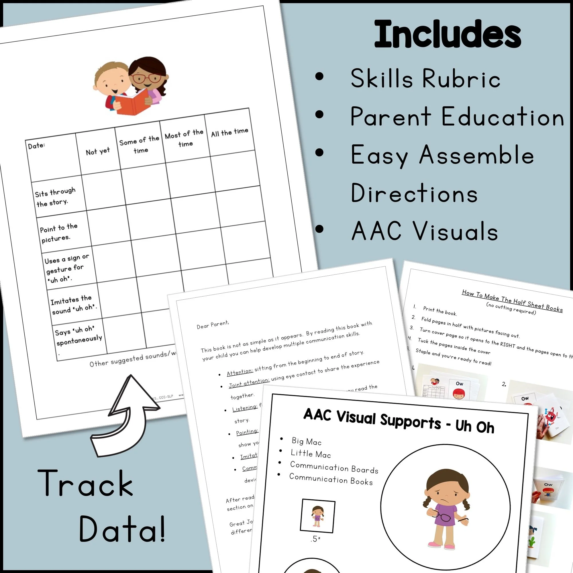 Exclamatory Word Book includes a skills rubric, parent education, easy assemble directions, and AAC visuals.