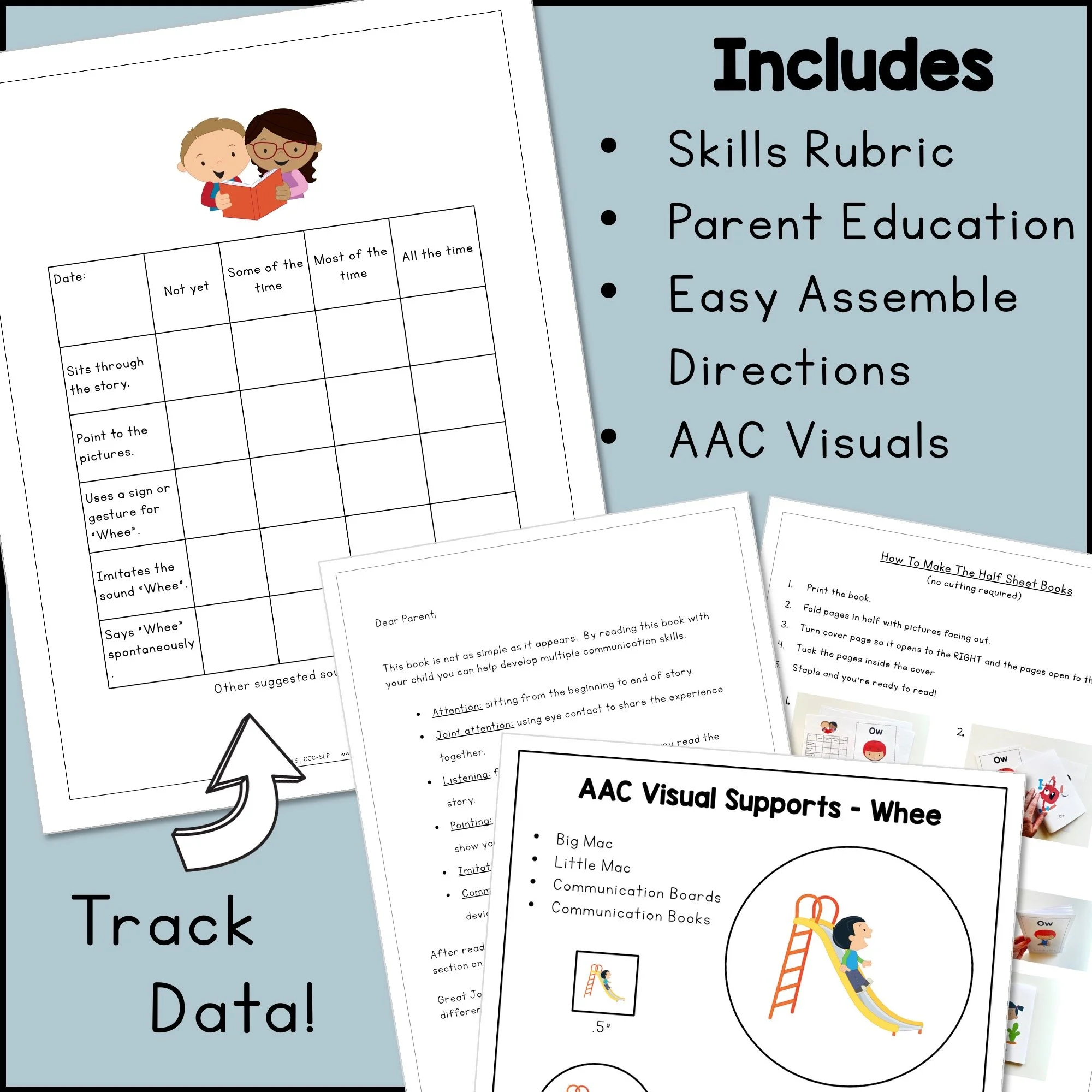Exclamatory Word Book includes a skills rubric, parent education, easy assemble directions, and AAC visuals.