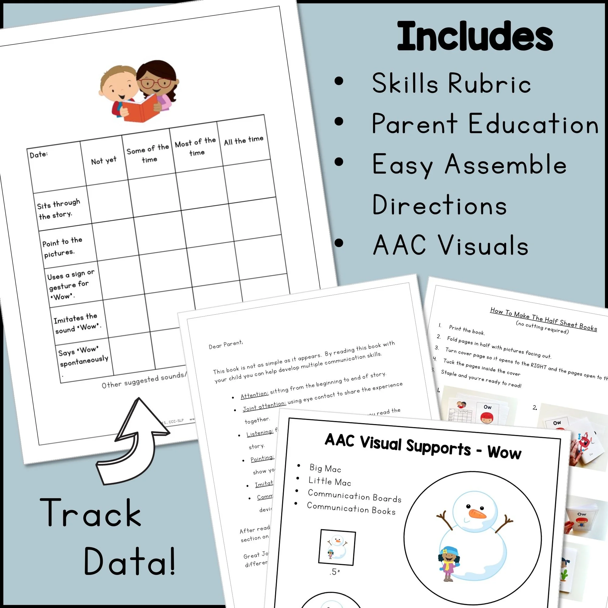 Exclamatory Word Book includes a skills rubric, parent education, easy assemble directions, and AAC visuals.