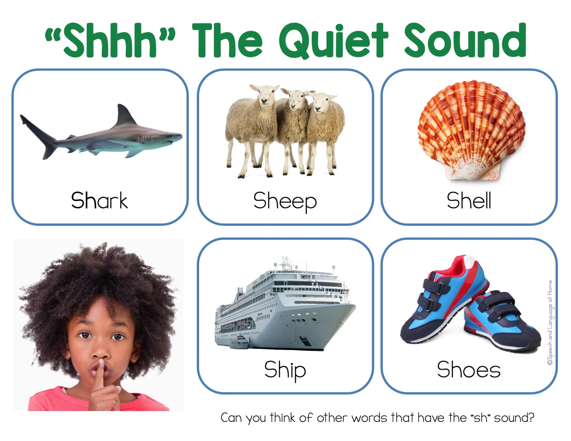 A young girl with a finger in front of her mouth saying "shhh" with five pictures of things that begin with sh; shark, sheep, shell, ship, and shoes.