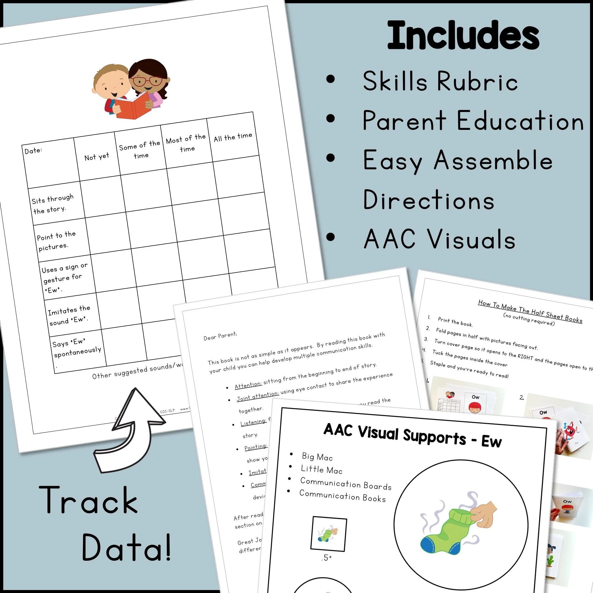 Exclamatory Word Book includes a skills rubric, parent education, easy assemble directions, and AAC visuals.