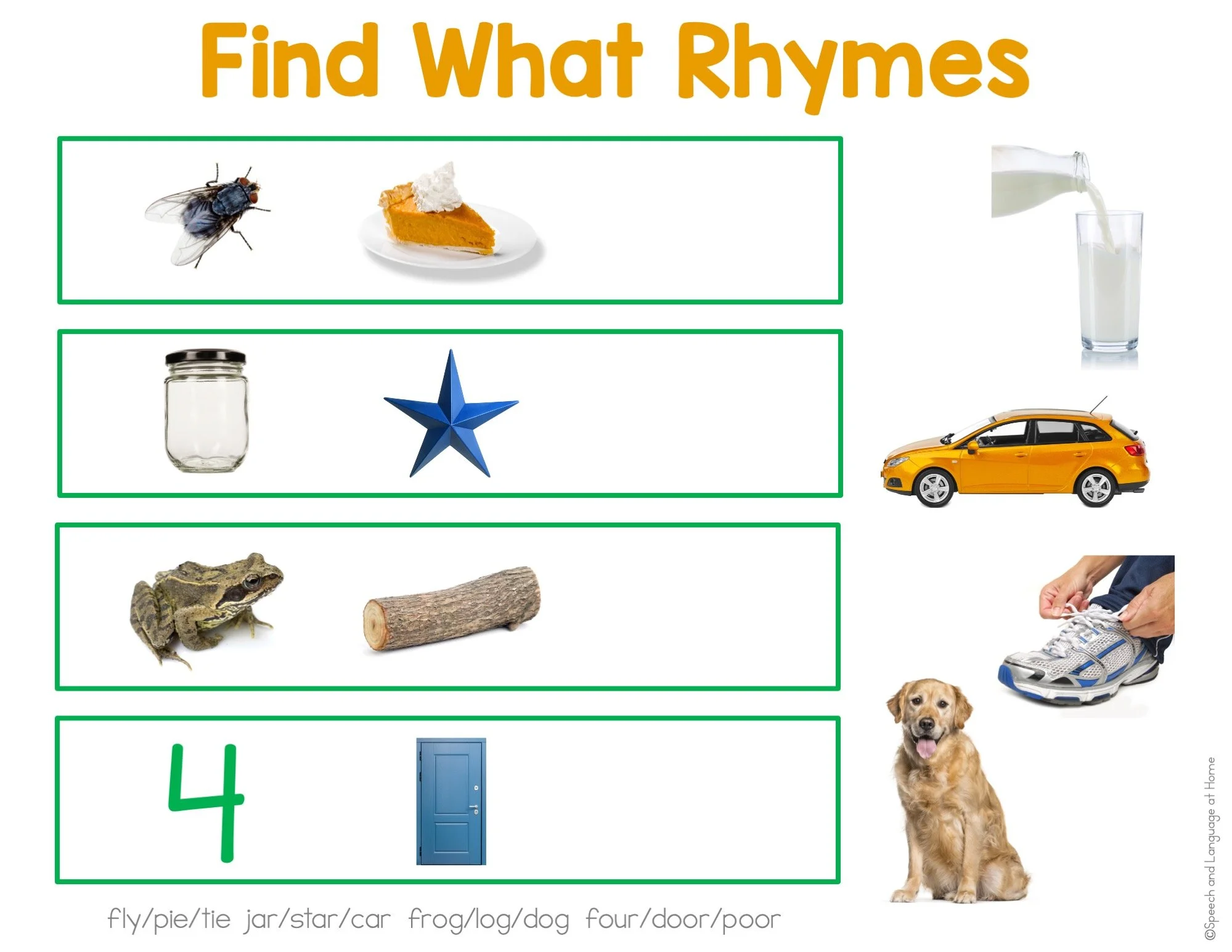 Four boxes that each have two rhyming words on the left and four pictures of objects that also rhyme with each set of words.