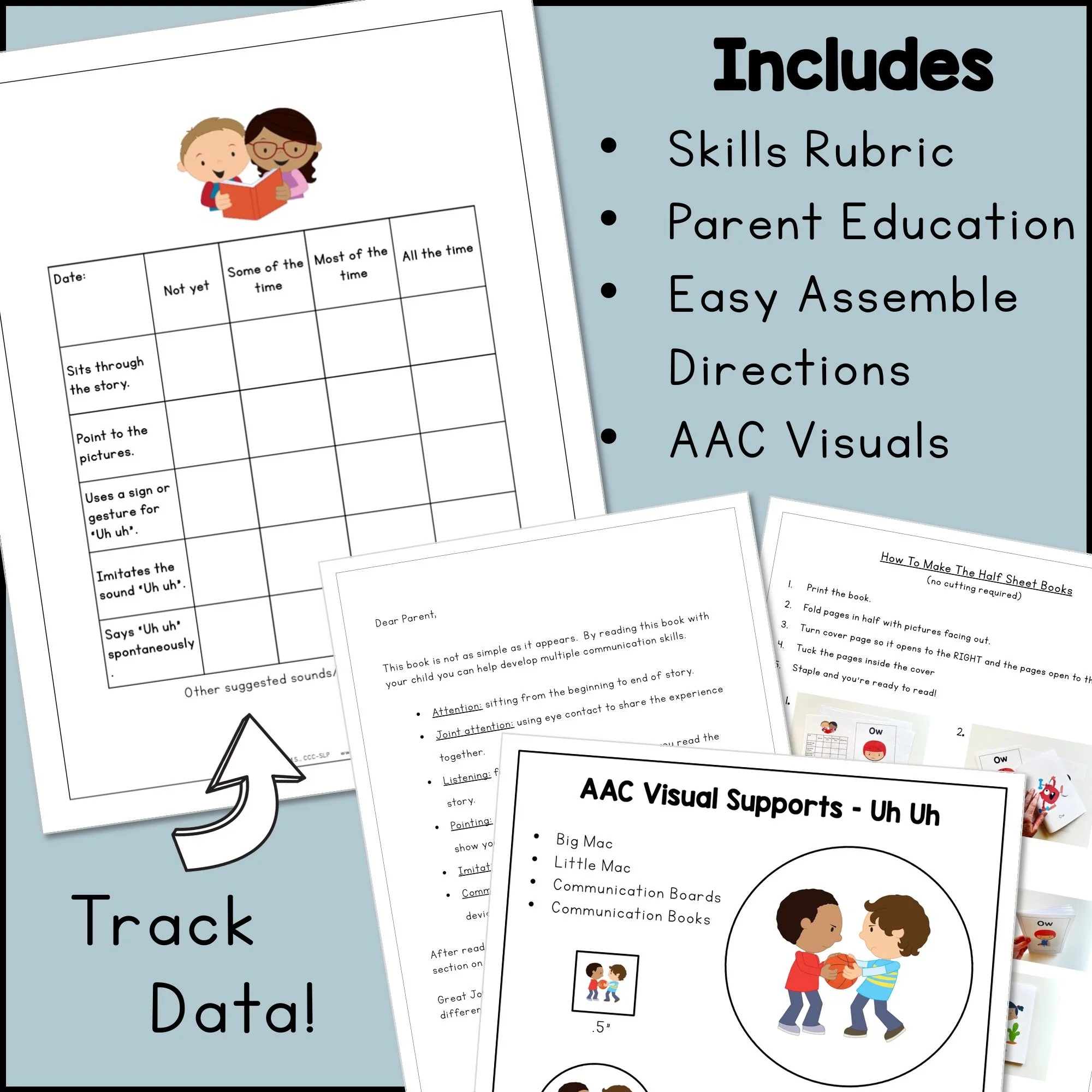 Exclamatory Word Book includes a skills rubric, parent education, easy assemble directions, and AAC visuals.