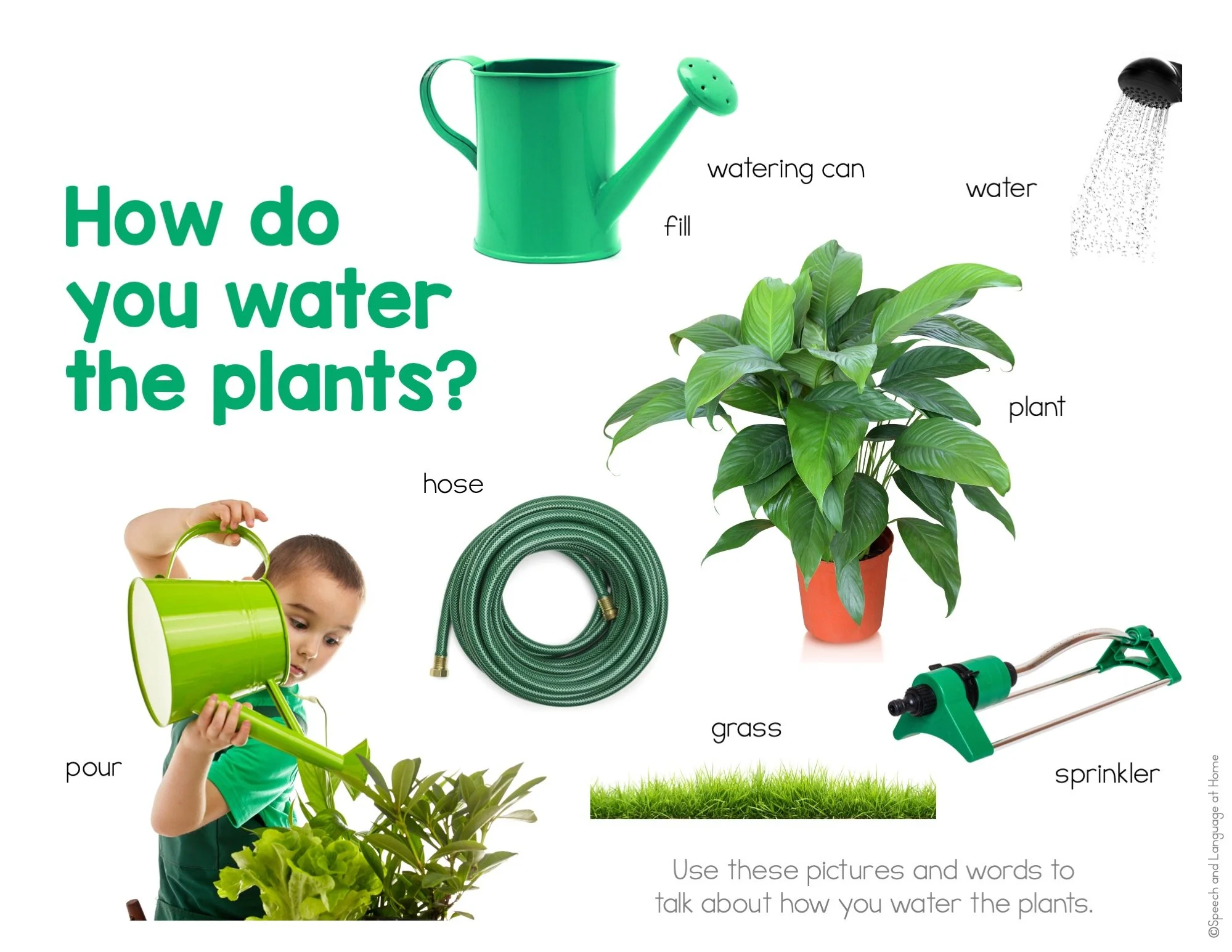 A young boy watering plants surrounded by things you need for gardening.