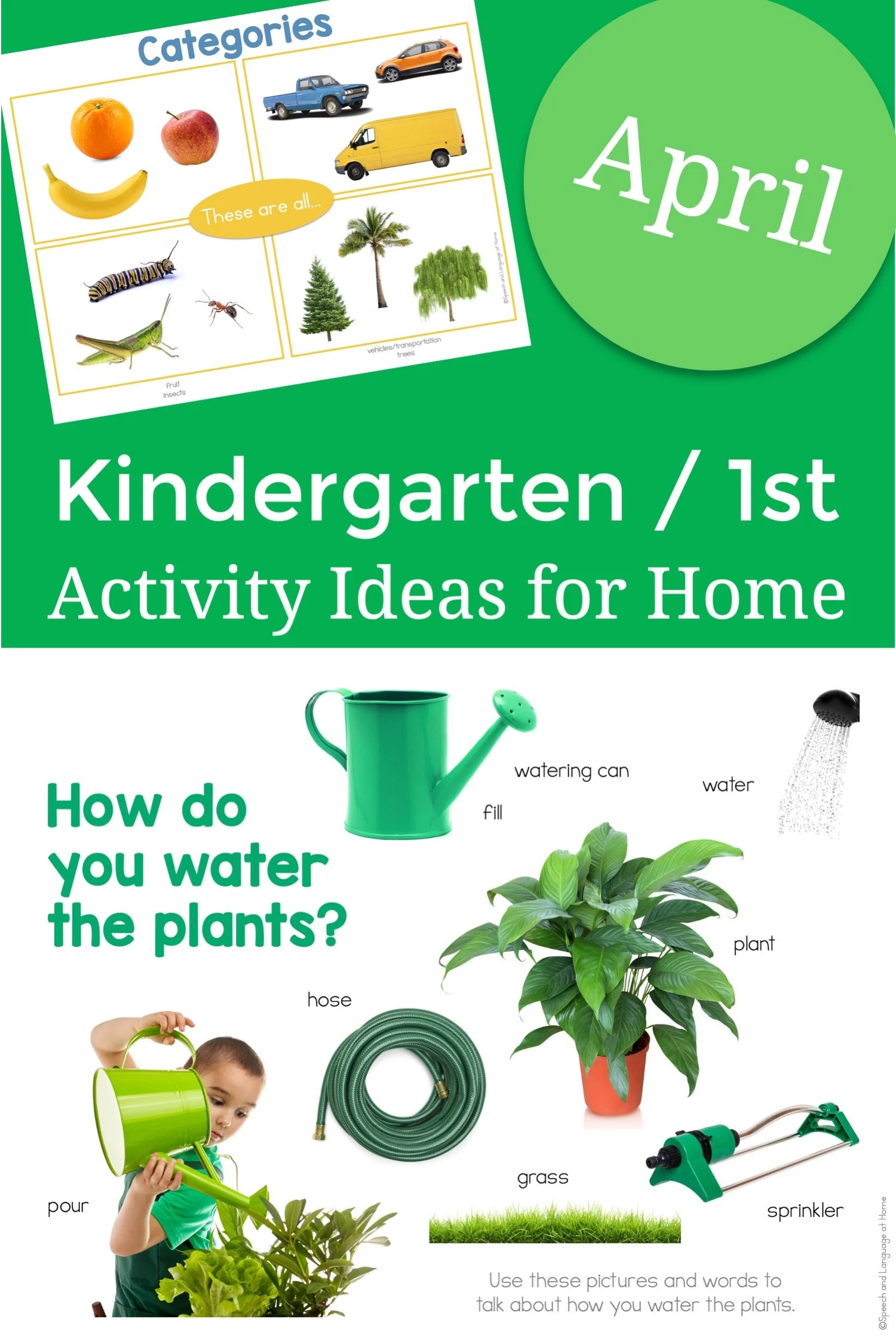Images of items need to water plants and a boy water with a watering can.