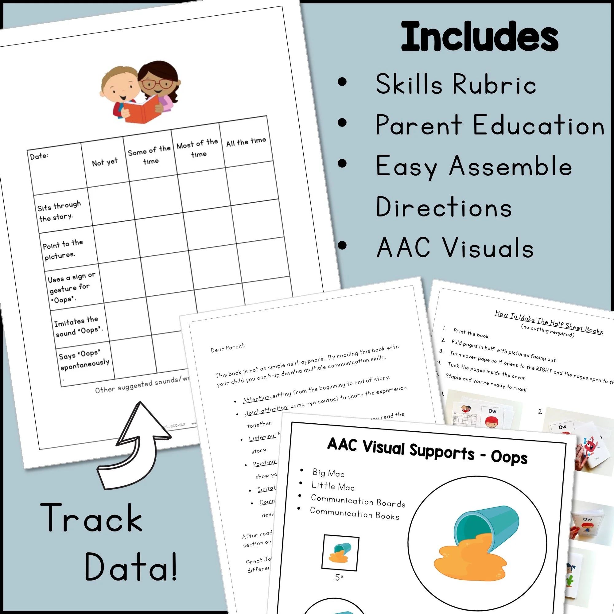 Exclamatory Word Book includes a skills rubric, parent education, easy assemble directions, and AAC visuals.