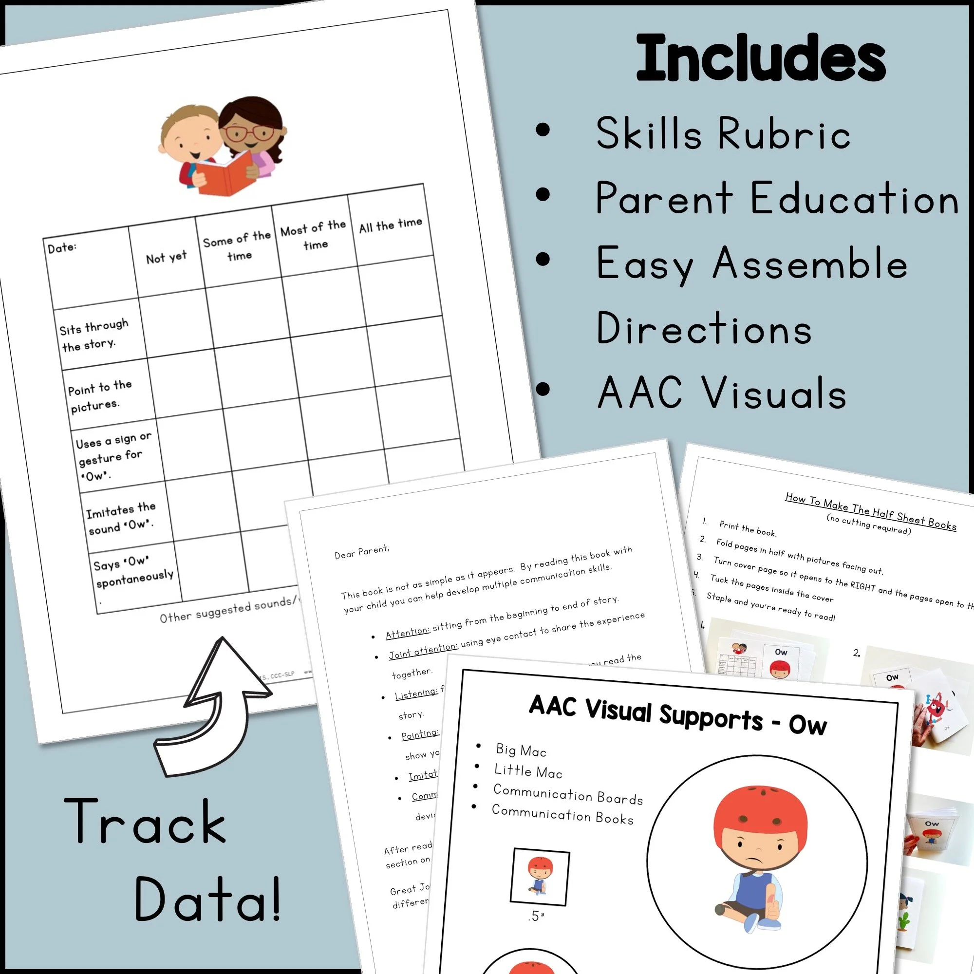 Exclamatory Word Book includes a skills rubric, parent education, easy assemble directions, and AAC visuals.