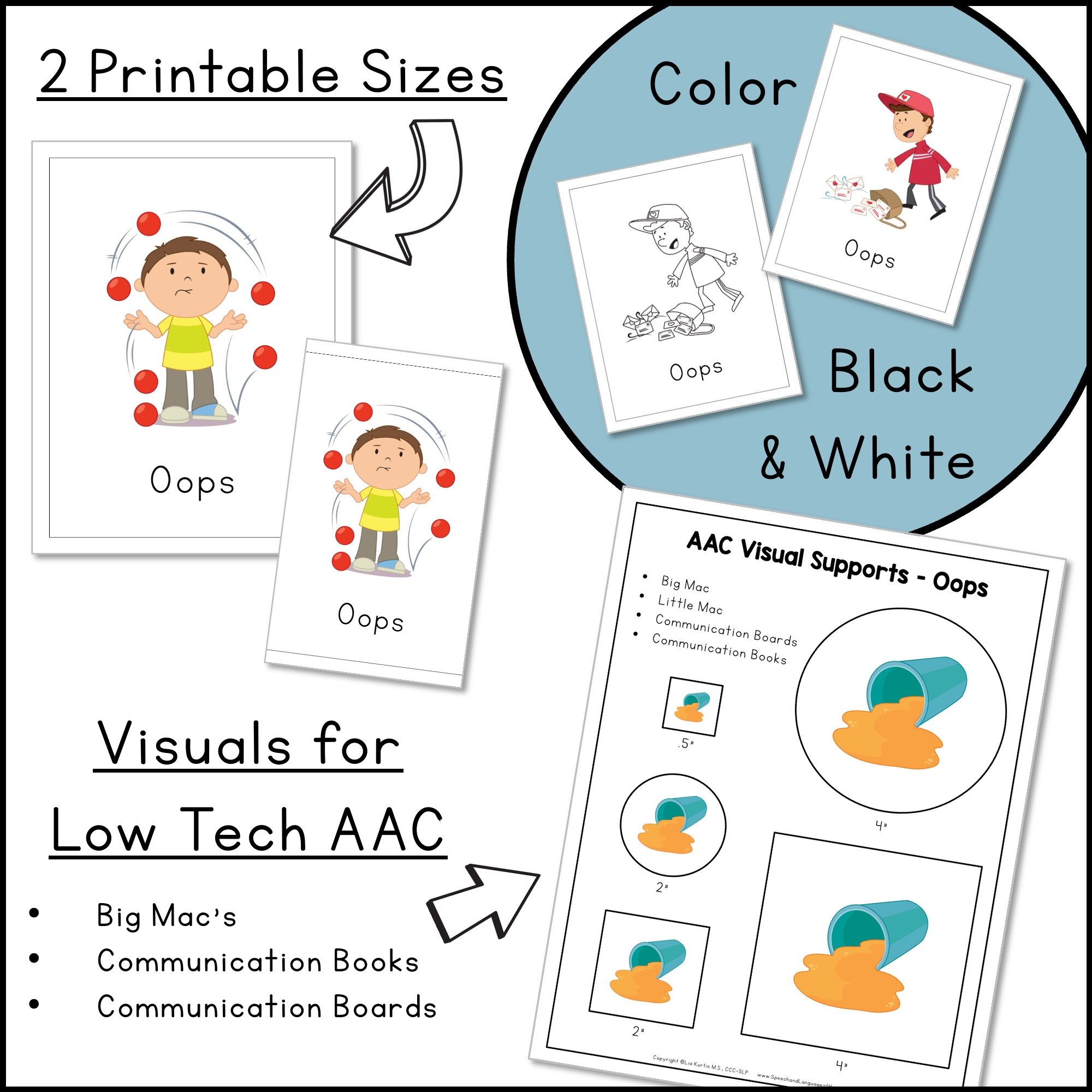 Comes in 2 printable sizes, color and black and white, and visuals for low tech AAC.