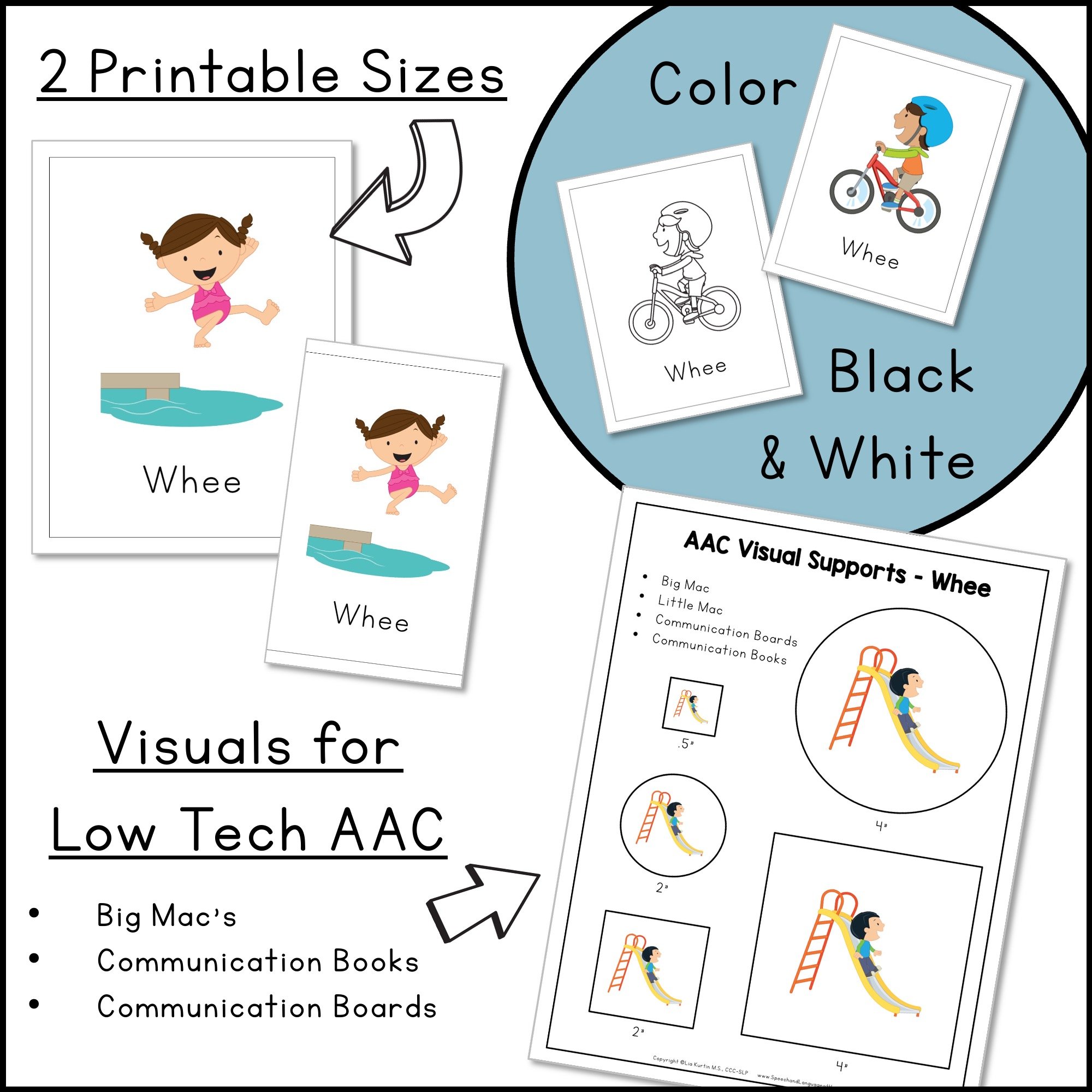 Comes in 2 printable sizes, color and black and white, and visuals for low tech AAC.
