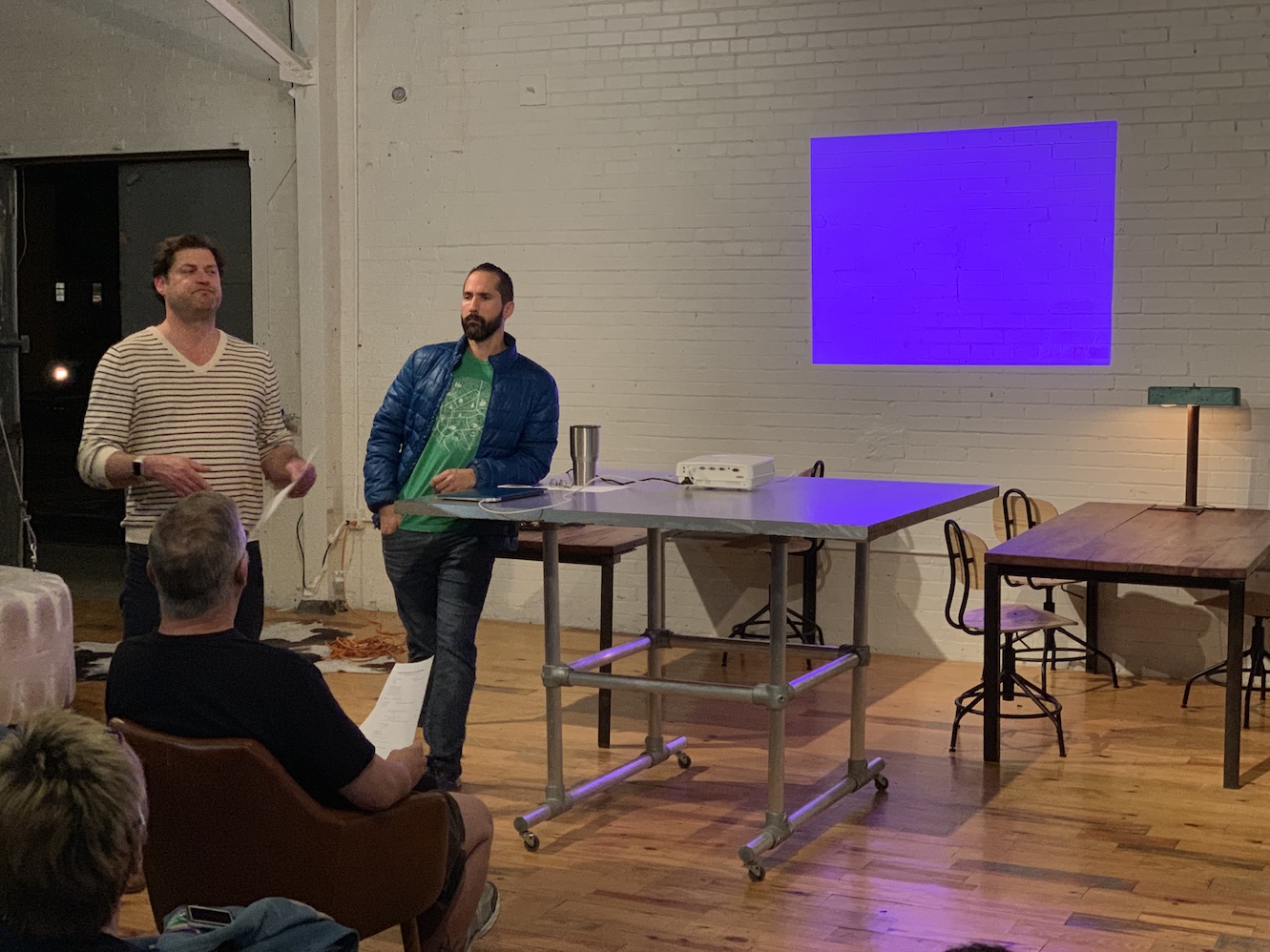 Jeff Pearce and Jorge Esteban presenting on Elmwoof Dog Park (photo by Travis Gasper).