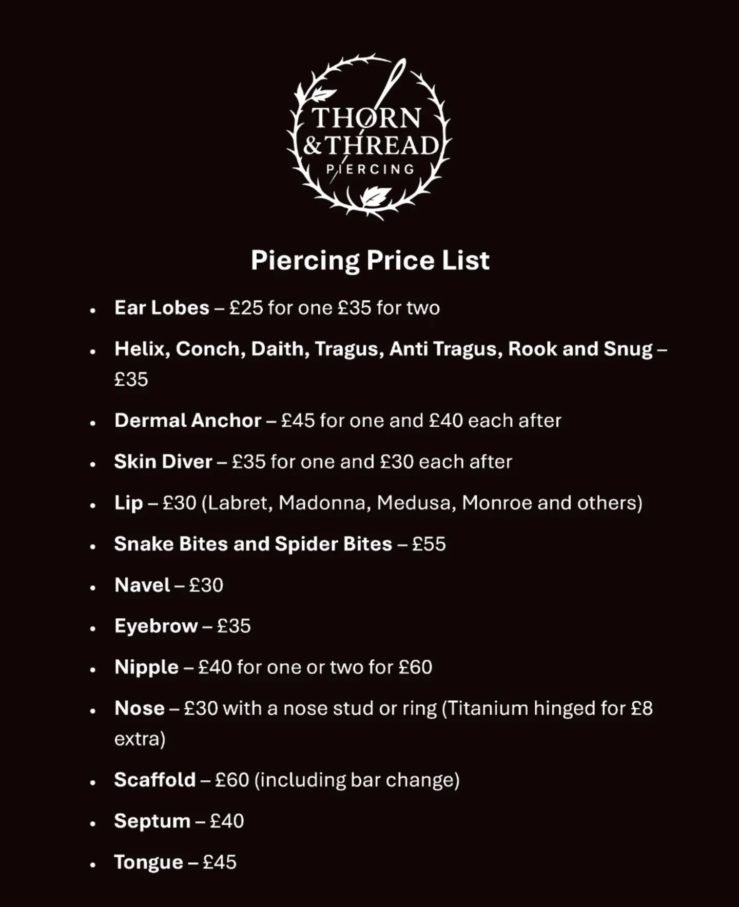 🌟 Price list 🌟

@realarttattoo

#leicesterpiercer #piercings #piercer ##realarttattoo ##thornandthread
