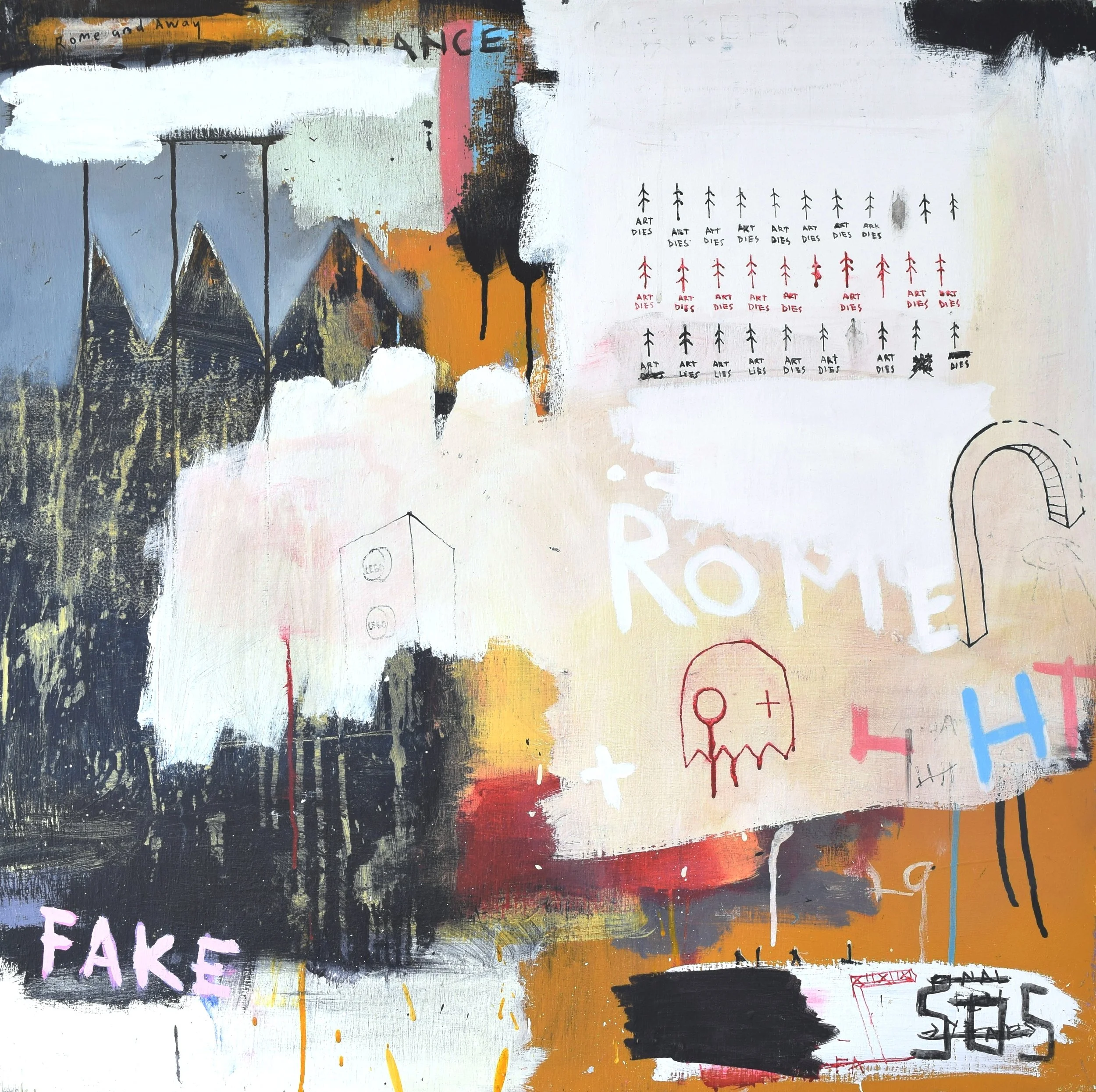 'ROME AND AWAY' 2014 Spray paint and acrylic paint on wood. 100 x 100 x 3.5 cm