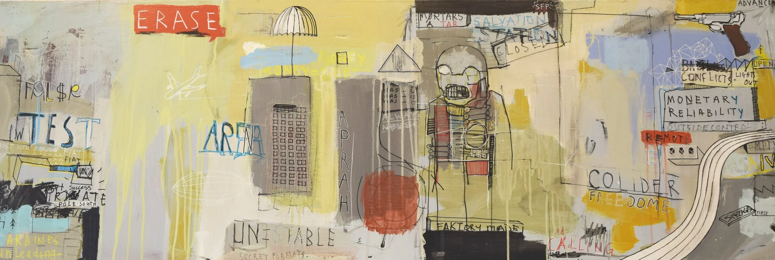 'CONFLICTS' 2015 Acrylic paint, permanent marker and spray paint on canvas 50 x 150 x 4 cm