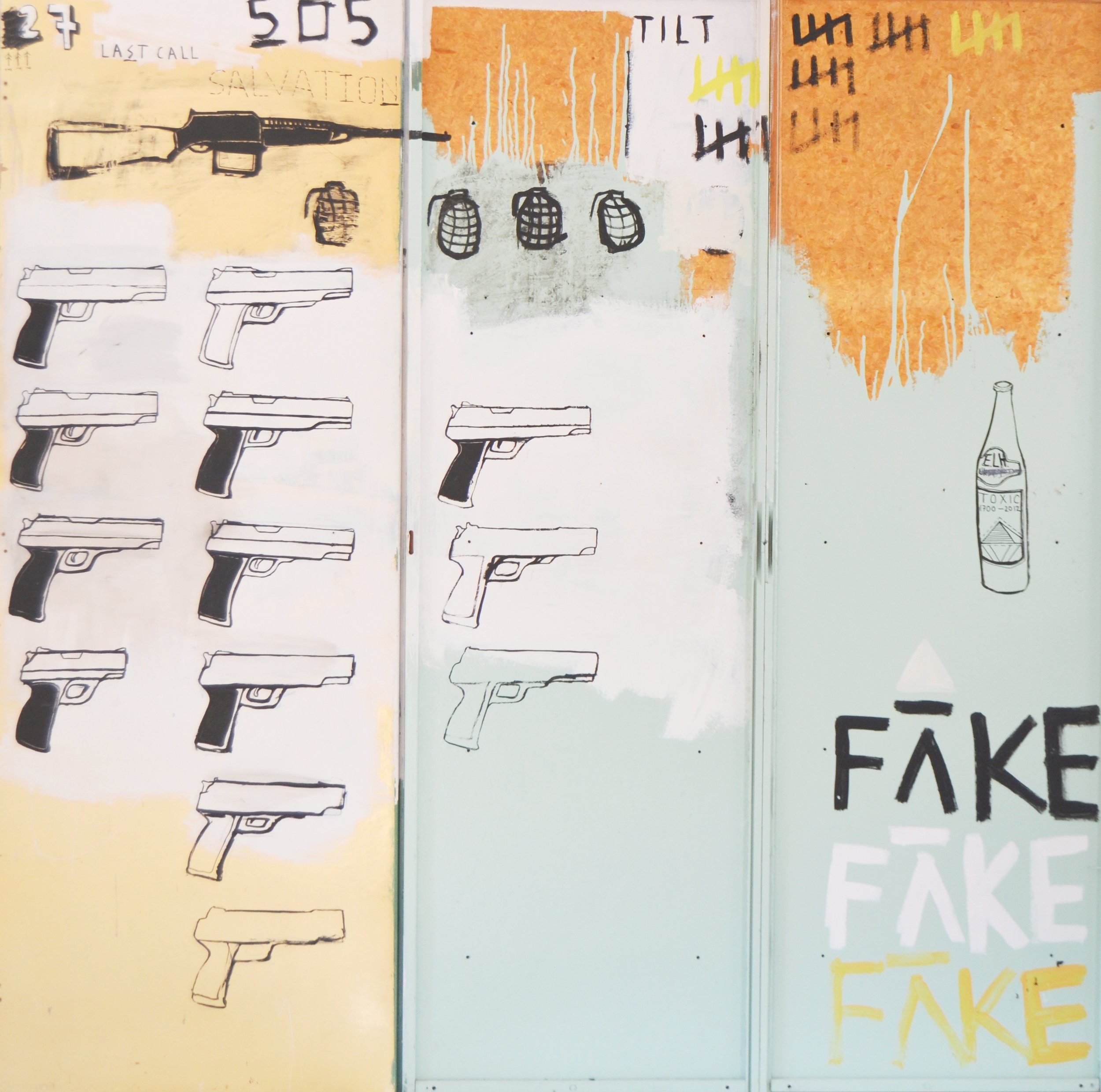 'LAST CALL' 2014 Acrylic and household paint on wood 200 x 150 x 3.5 cm Painted on three separate wooden panels and joined by a wire hinge to create a triptych, 'LAST CALL' is the reverse side of another painting titled, 'REGIME'. 
