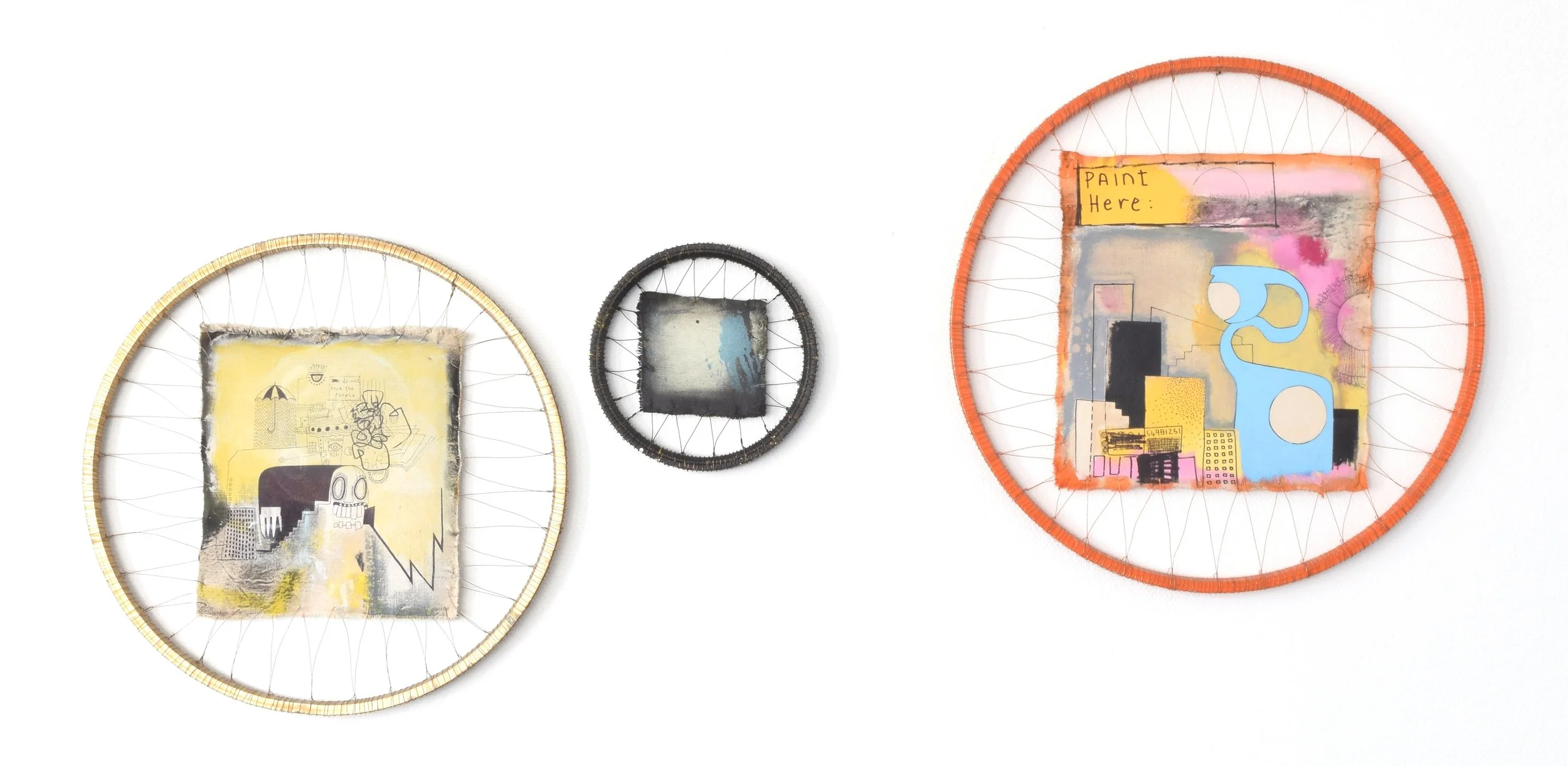 'LITTLE INDIANS', 'ELECTRIC HOUR' and 'PAINT HERE' 2013 Acrylic paint, permanent marker, spray paint and metal on canvas - various sizes