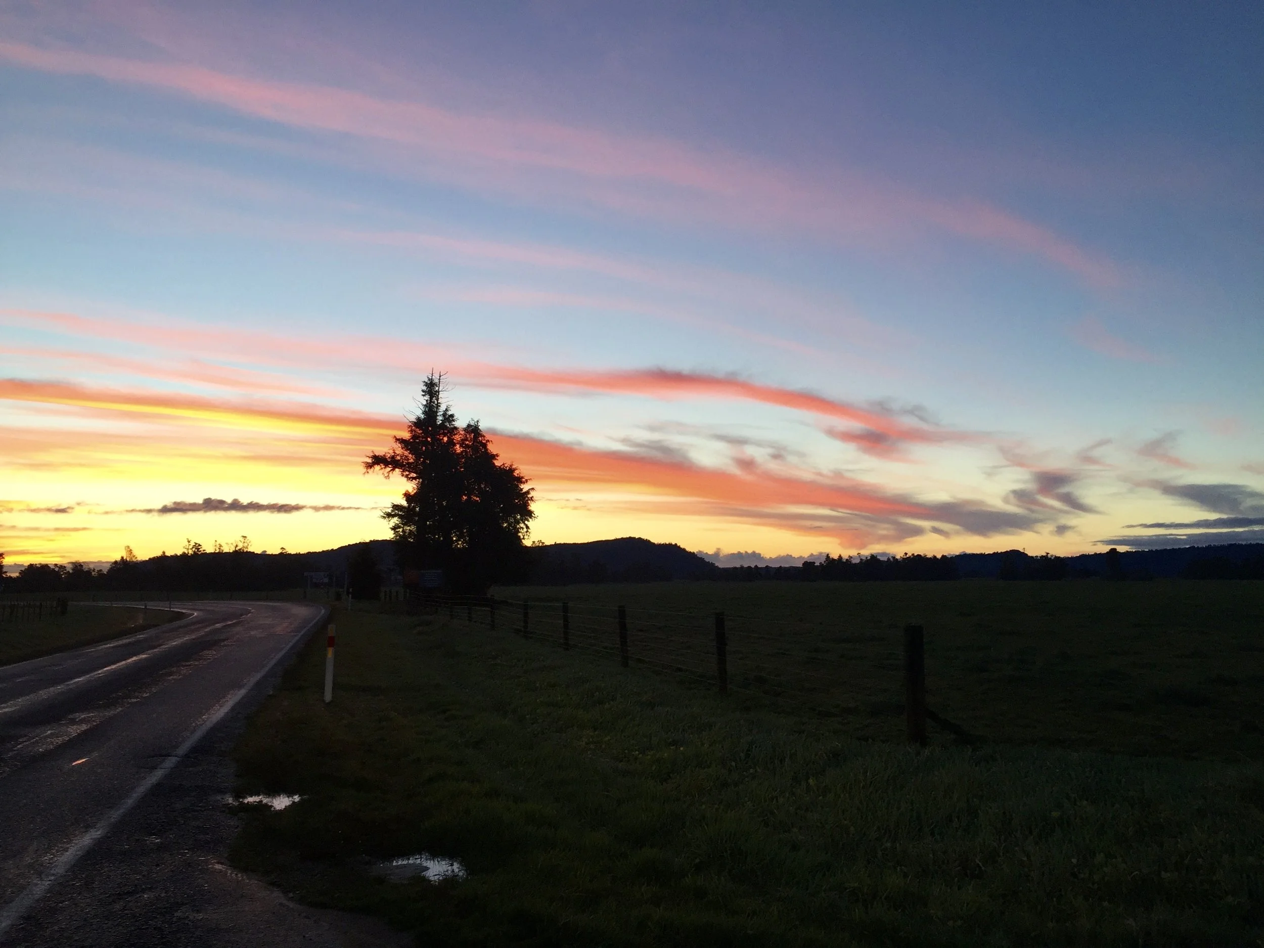 The sunsets and sunrises in New Zealand are beautiful, full of pinks and yellows, this one was on the road