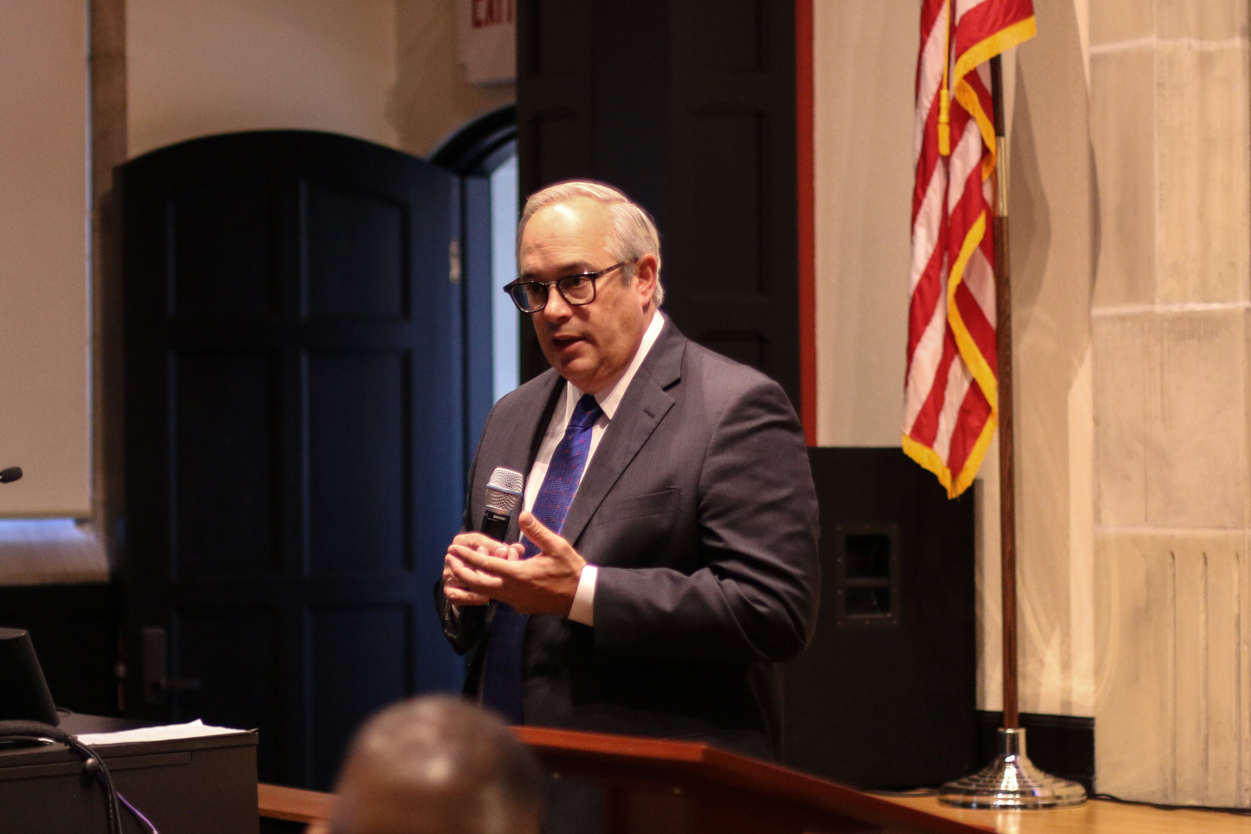 University of Tulsa President Gerry Clancy addressed the international students of TU (11/15). Photo by Luke Lau.